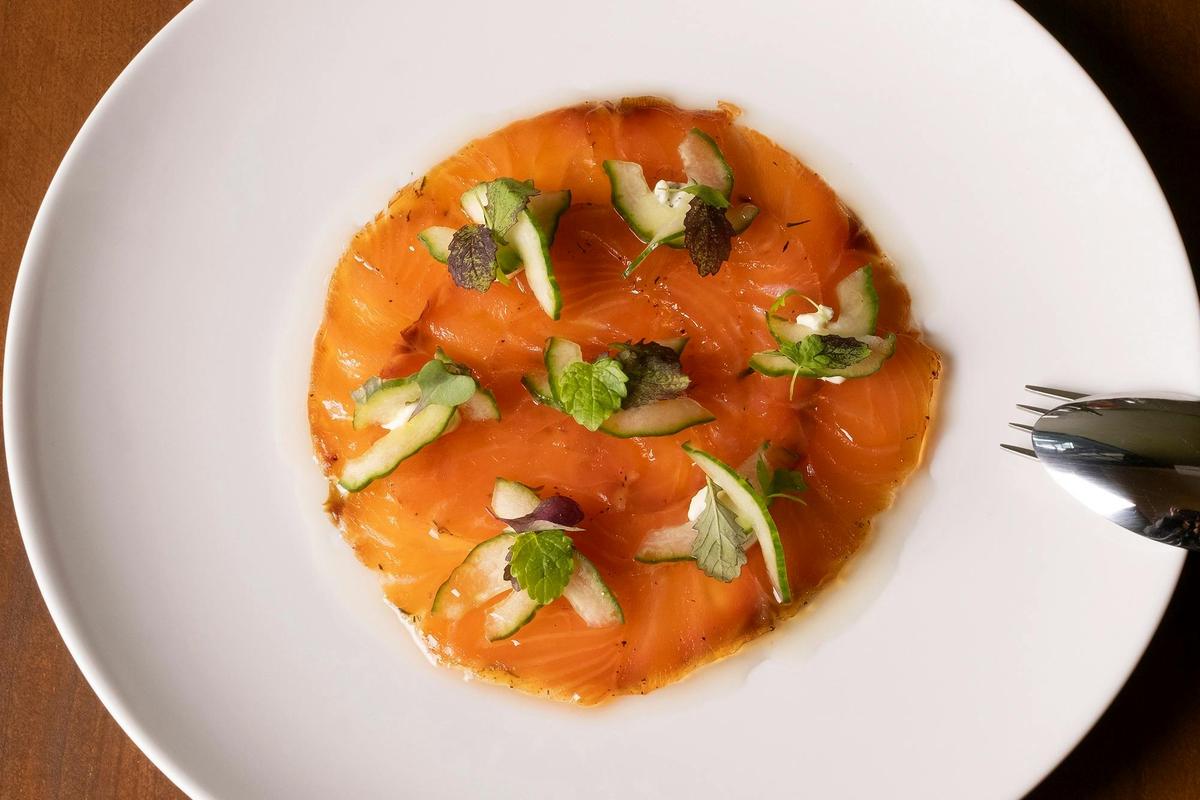 Lemon Myrtle And Tea Cured Salmon, Pickled Cucumber, Dill Crème Fraîché, Picked Herbs, Lemon Oil