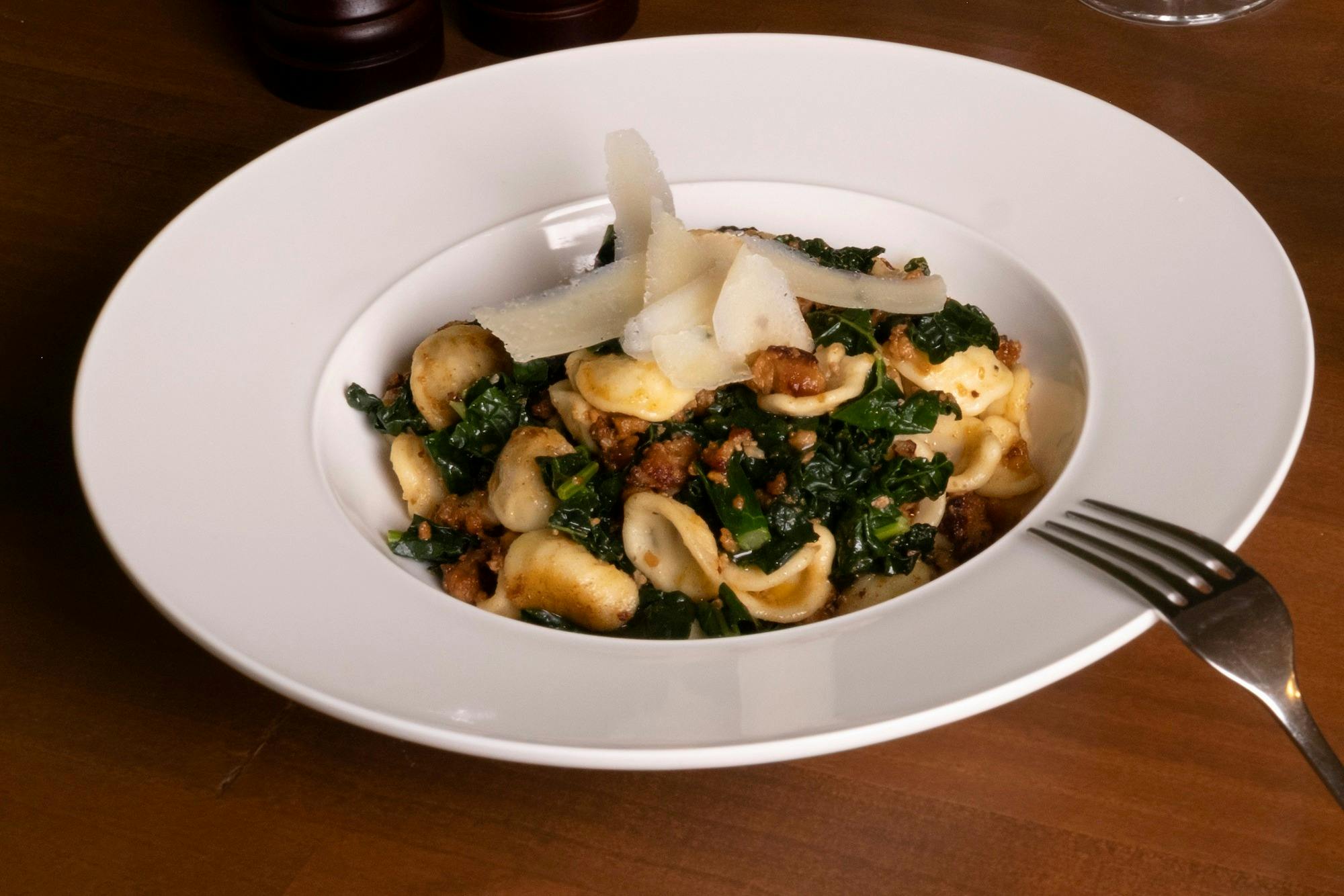 Orecchiette, Spicy Italian Sausage, Black Cabbage, Roast Garlic, Olive Oil, Parmesan
