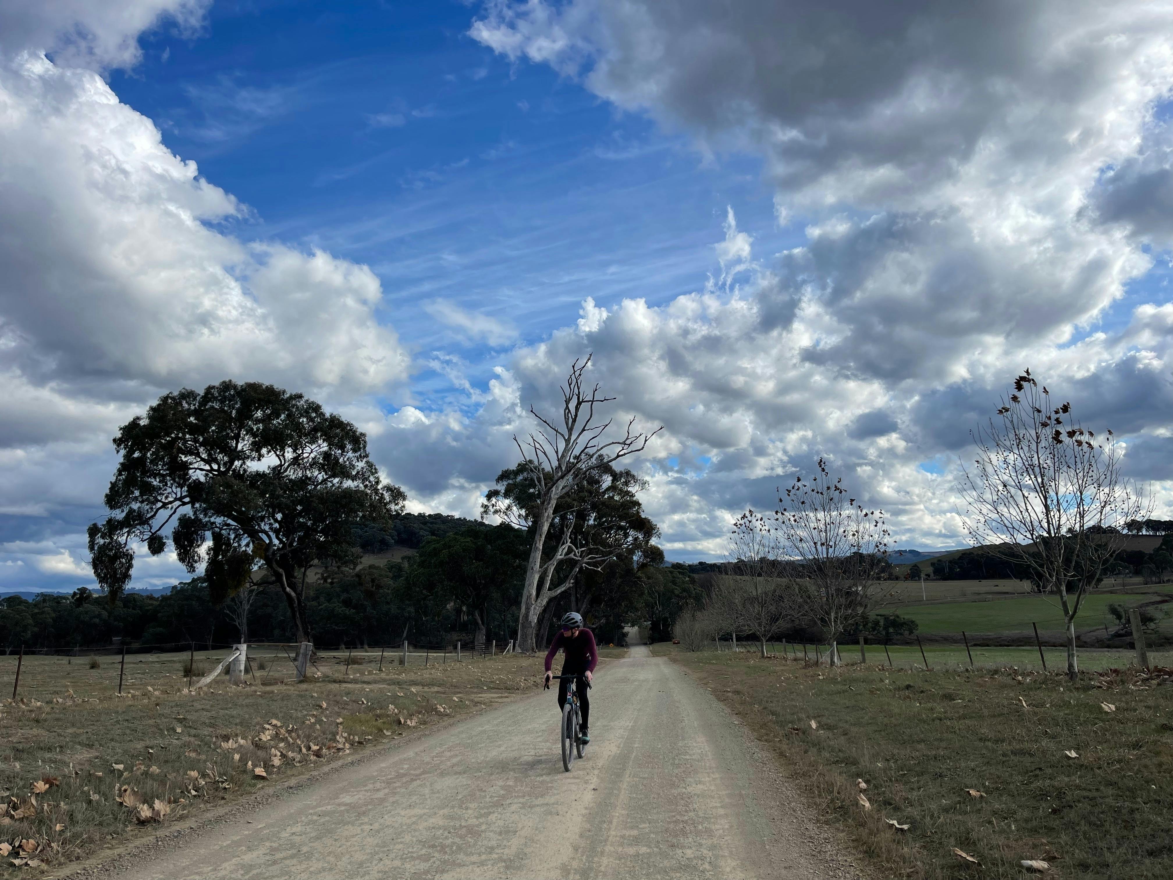 Cyclist riding on a straight section of dirt road with hill in background and paddocks either side.