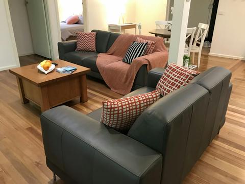 Open floor plan living and dining