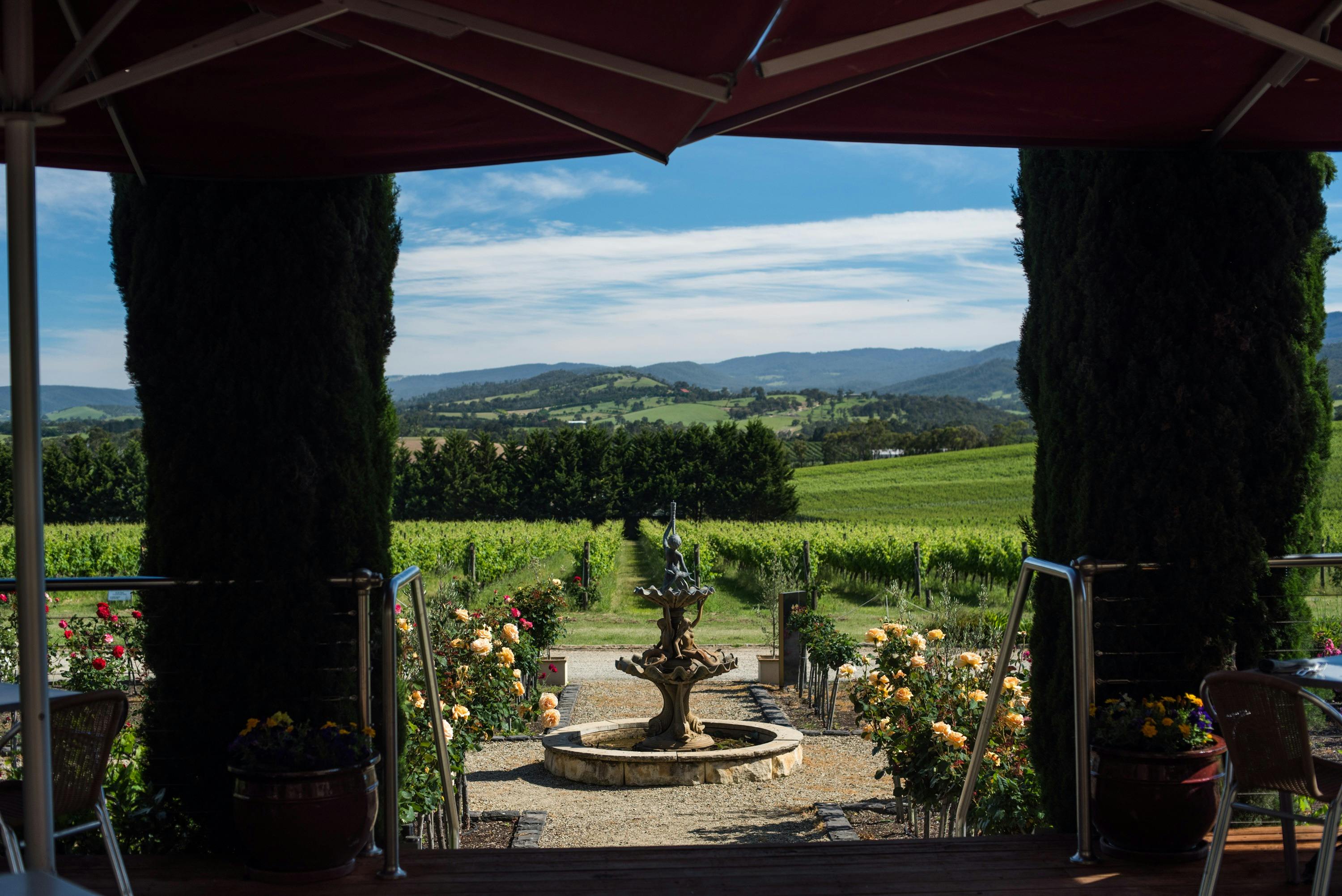 Deck looking out to the courtyard and fountain