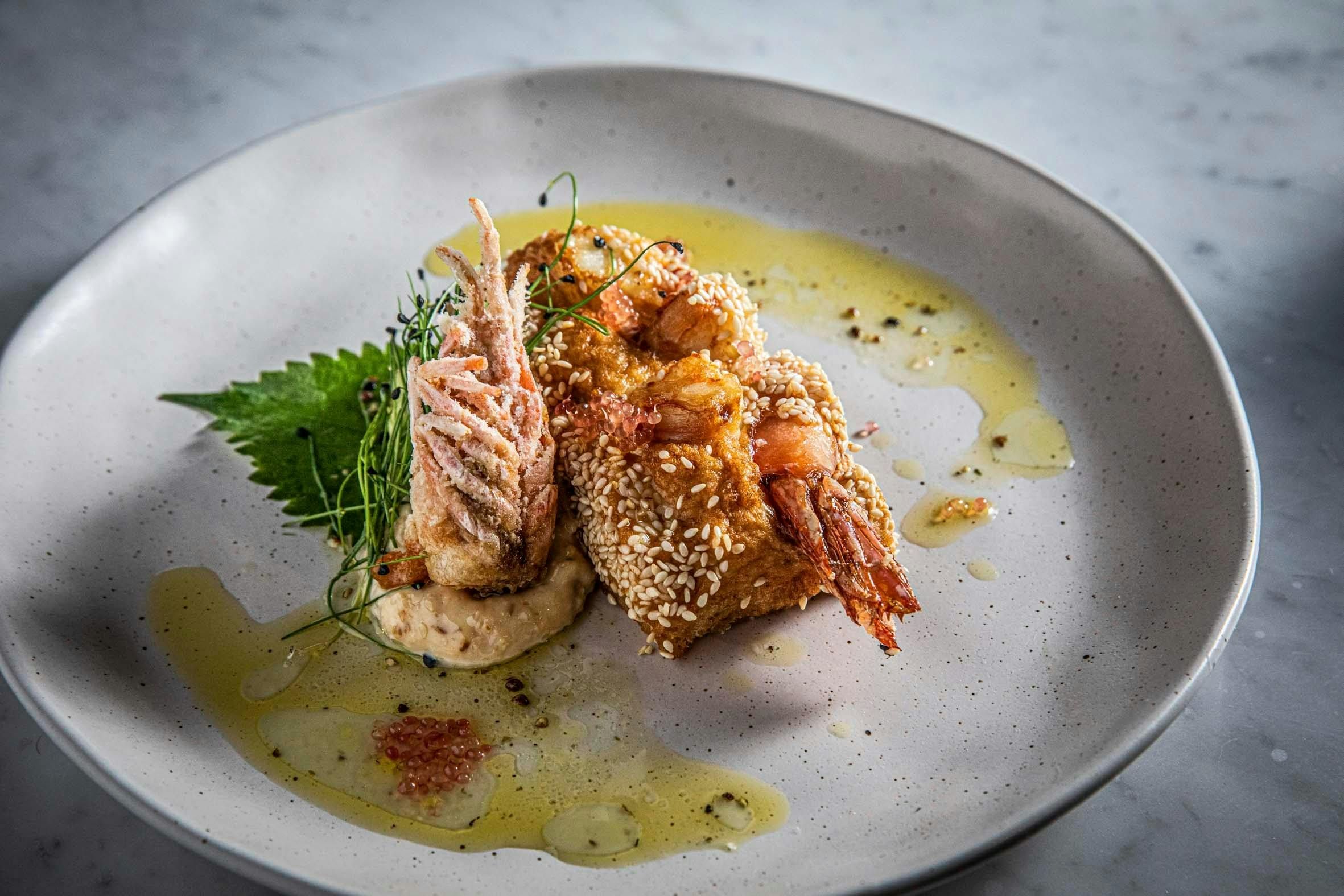 Skull island prawn toast, sesame, shoots and shiso, cucumber, chilli wasabi mayonnaise, avocado