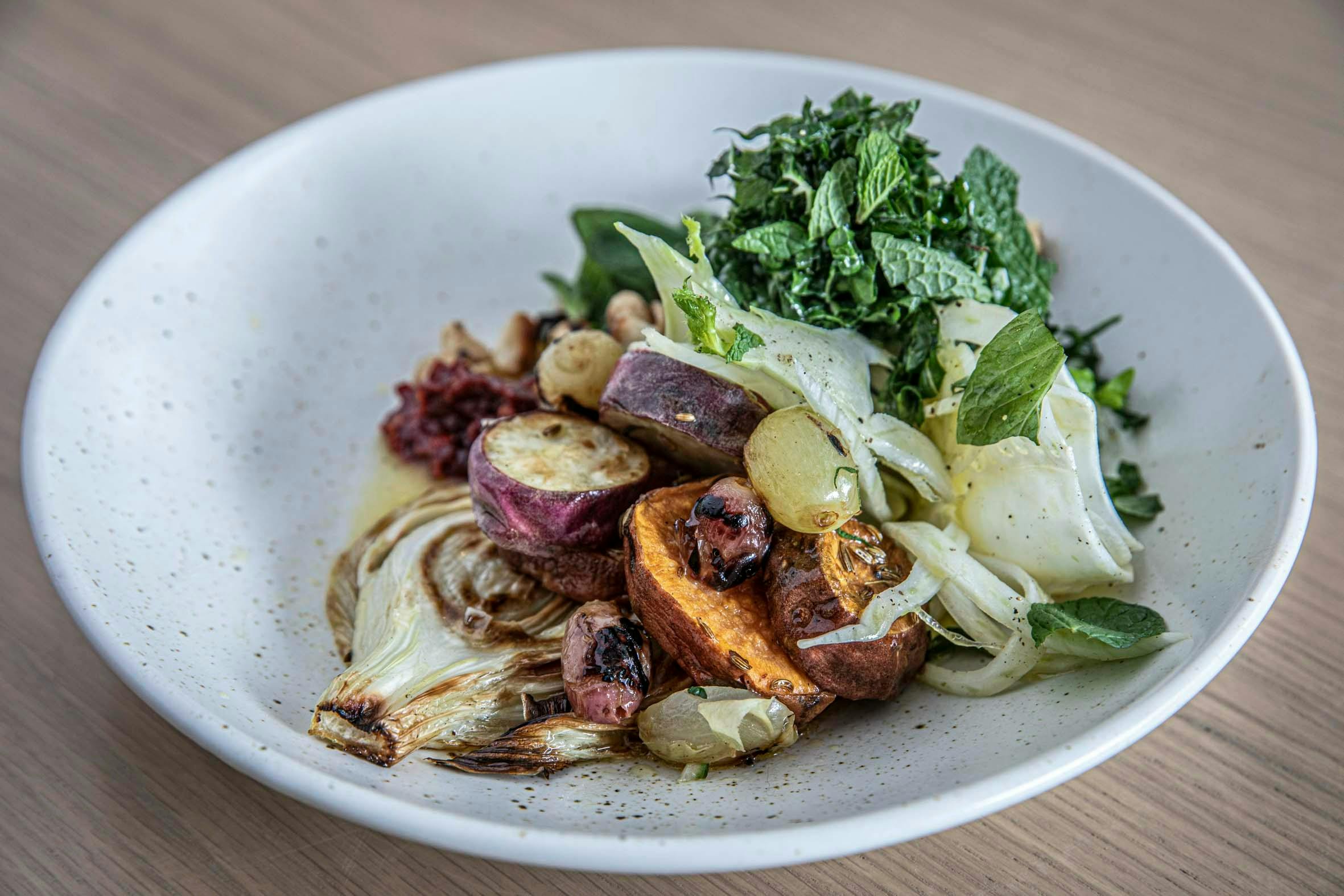 Sweet potato, roast fennel and orange salad, thyme, mint, macadamia cream, fermented chilli