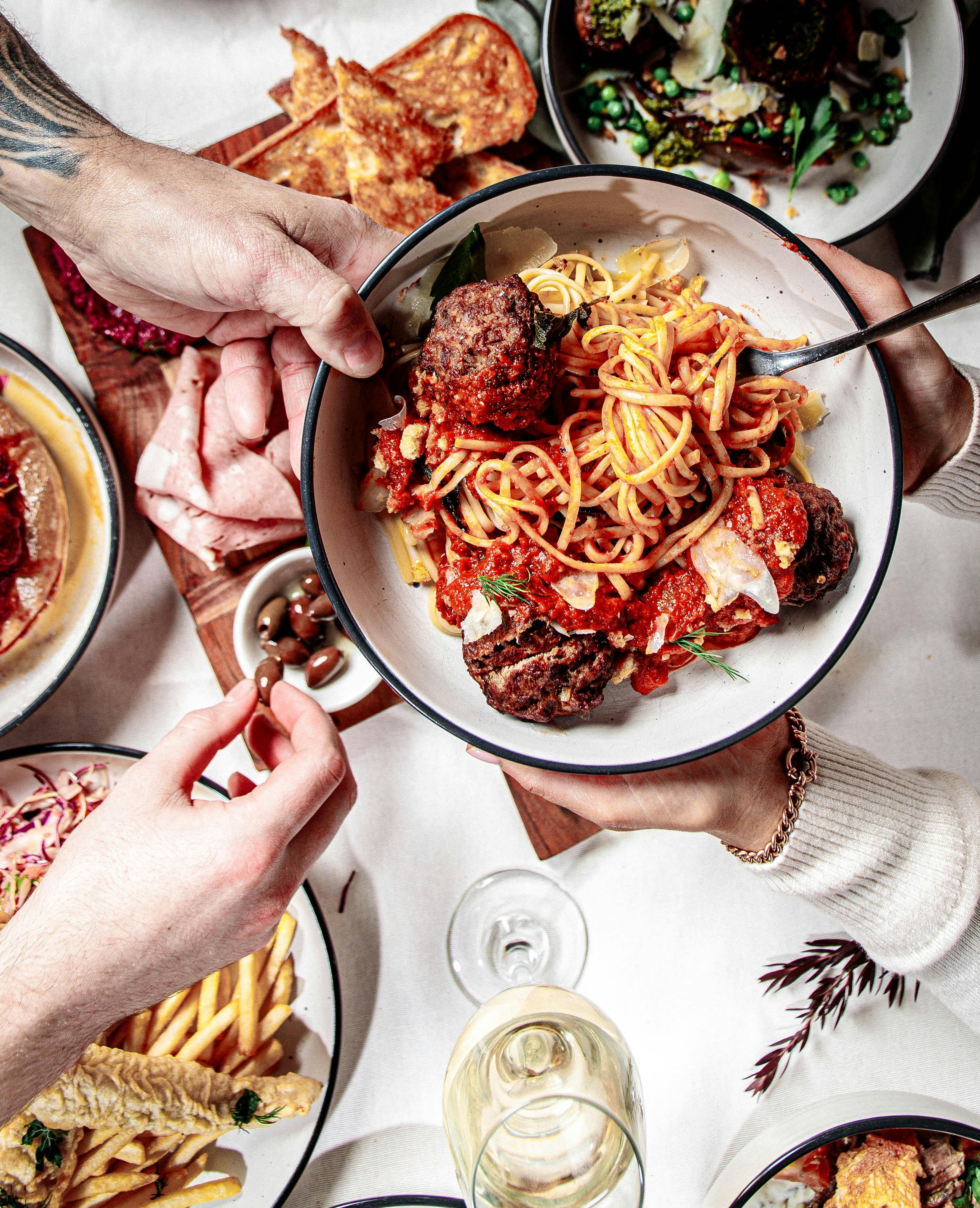 Turret Meatballs with linguine and Tomato Pomolora sauce