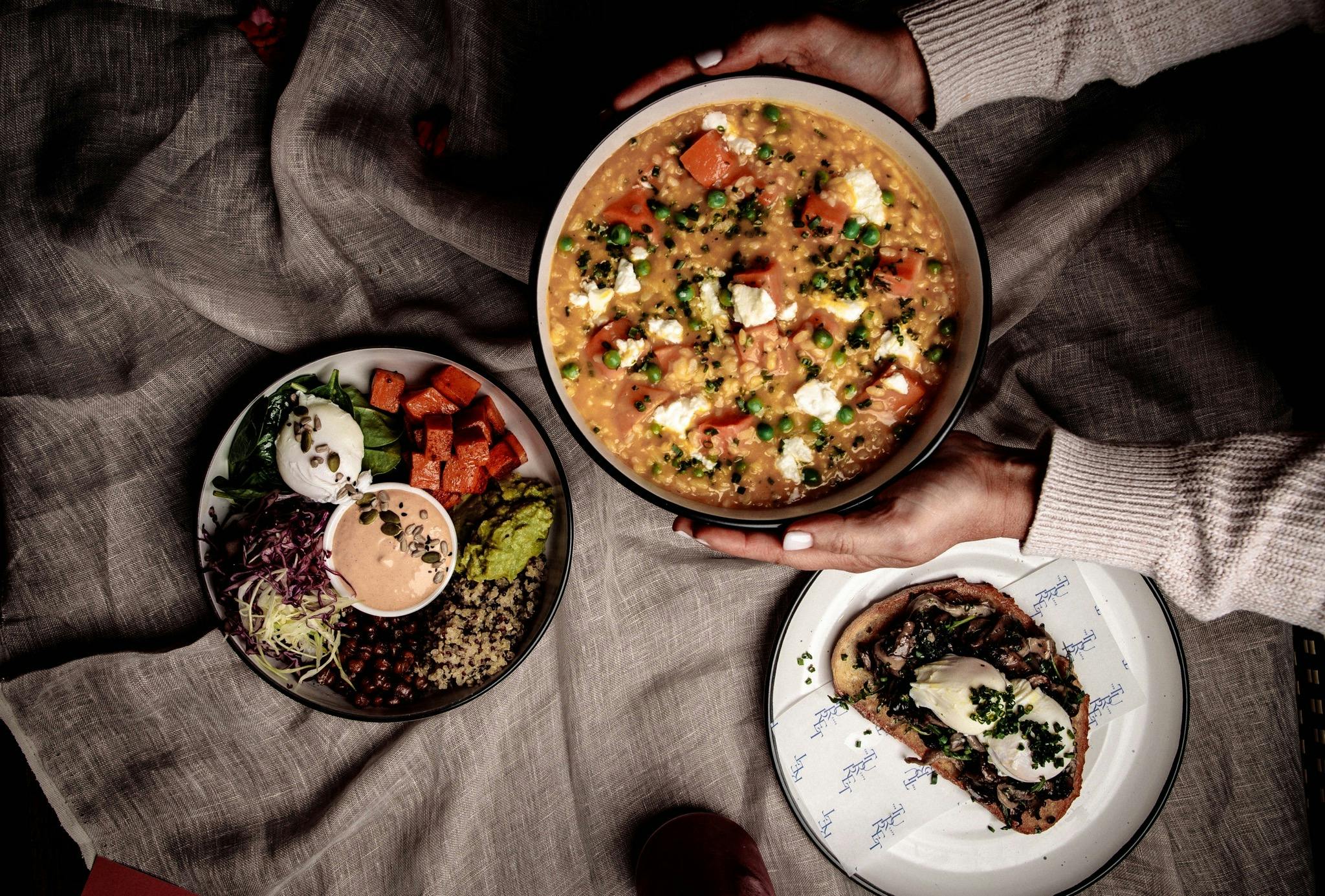 Pumpkin Risotto, Mushroom Bruschetta and Buddha bowl