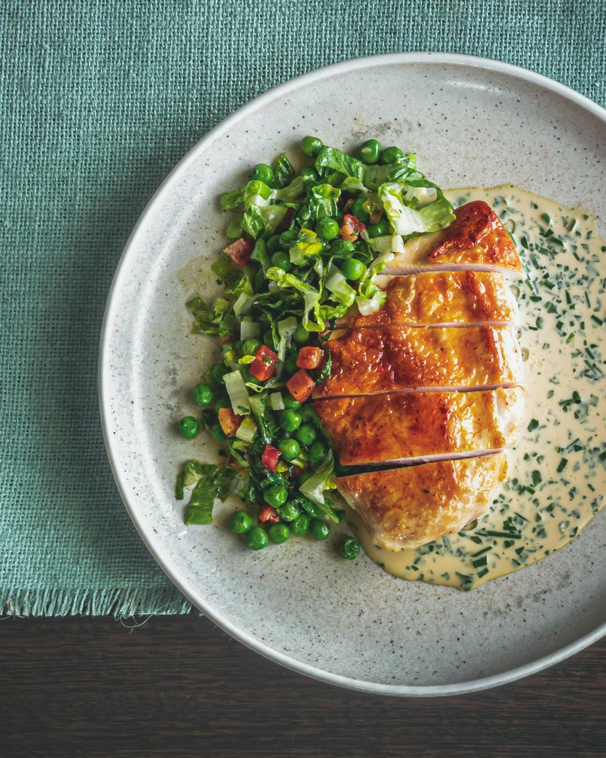 Pan Fried Chicken, Peas a la francaise, champagne veloute