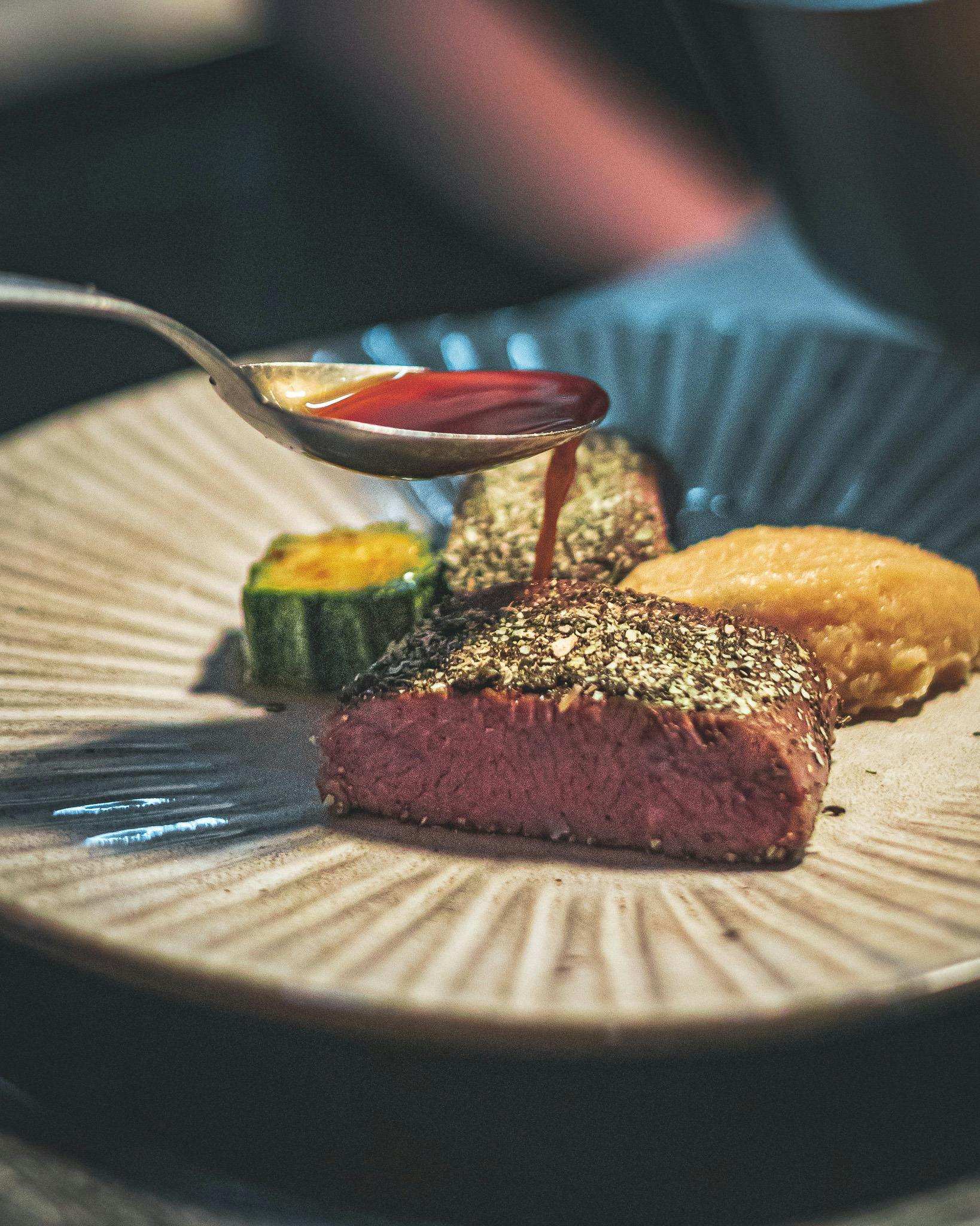 Lamb Loin, Zucchinni Fondant, Mash Potato, Jus