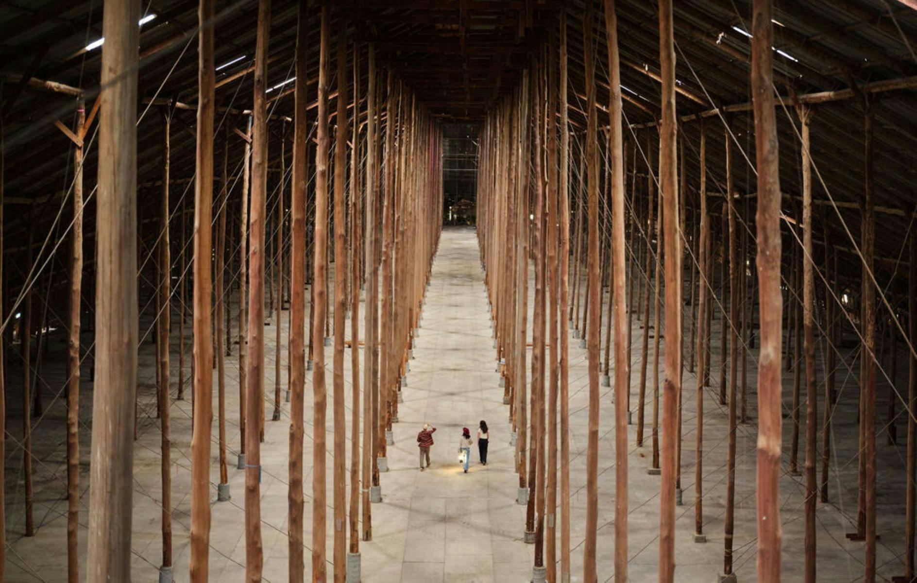 Aerial view of people walking through the Stick Shed