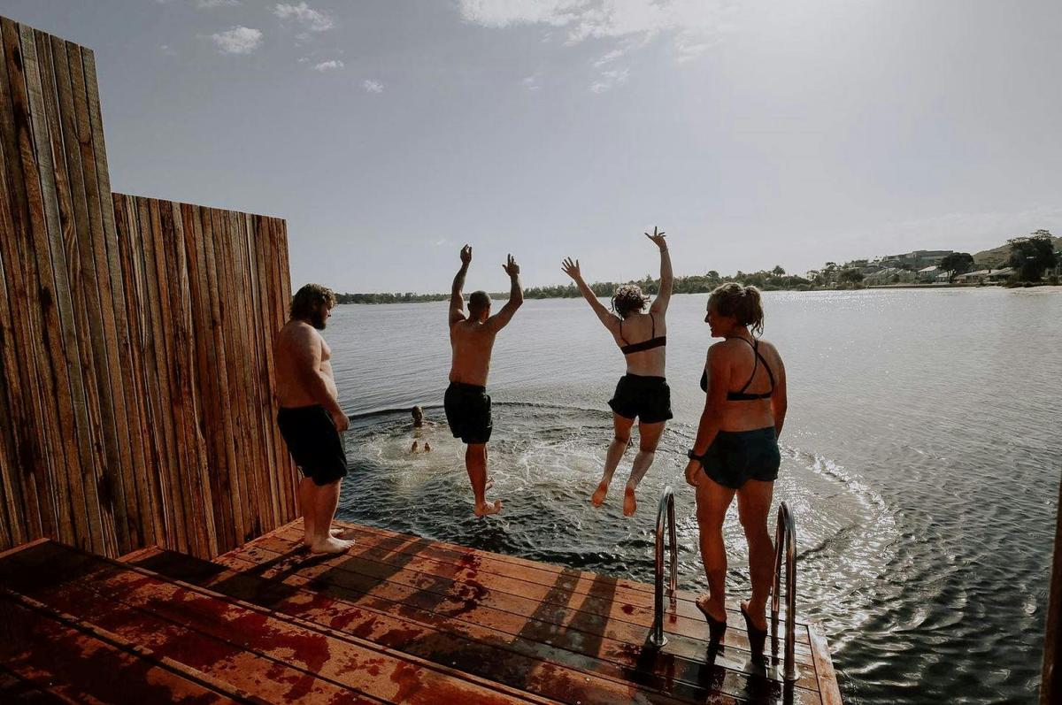 At the sauna enjoy a cold plunge into the lake