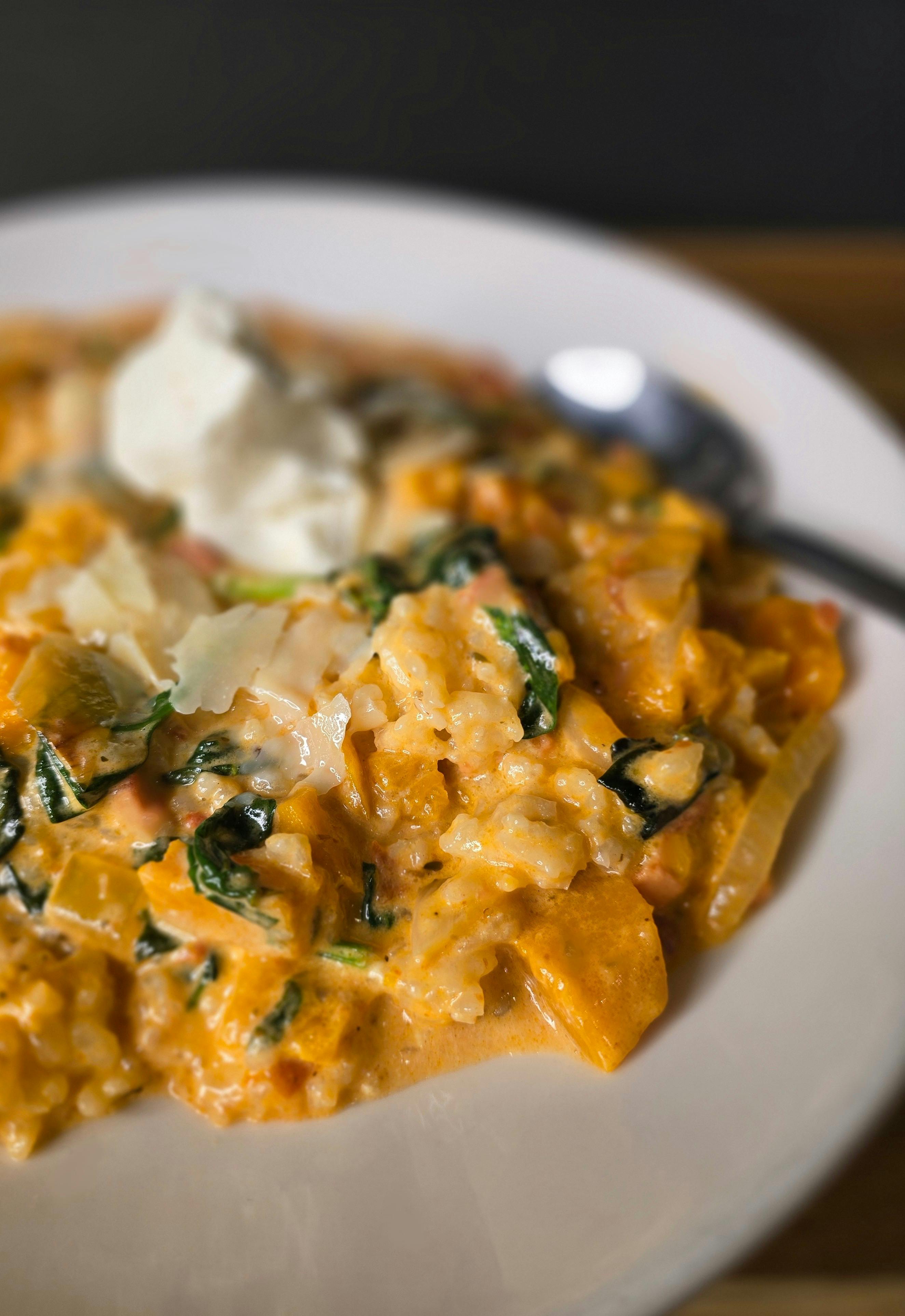 Creamy pumpkin and spinach risotto.