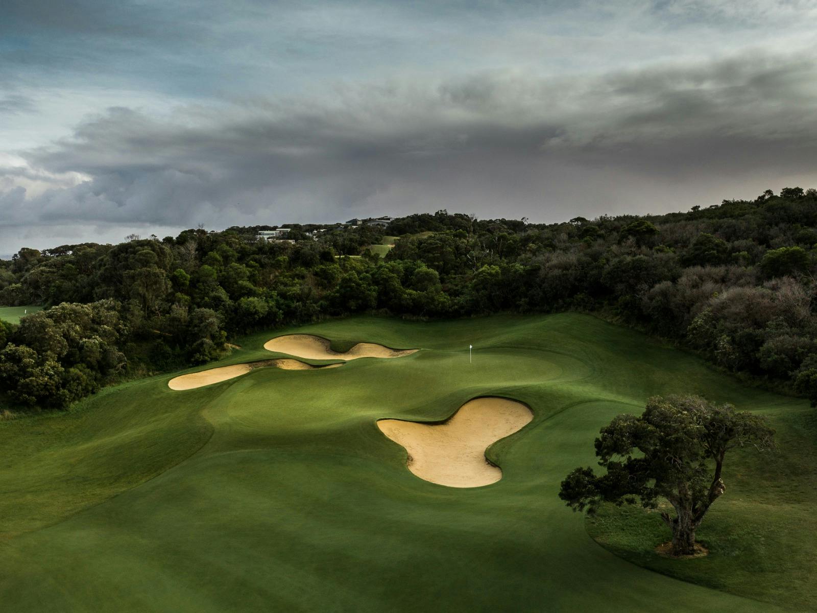 Elevated view of a golf hole with bunkers, rolling green, and vegetation under an overcast sky.