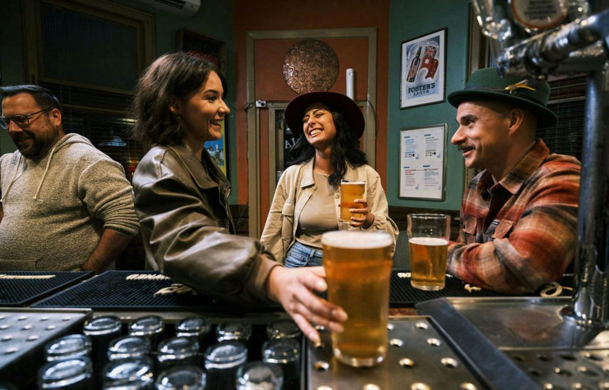 Three people talking to each other and having a drink at the bar of a country pub