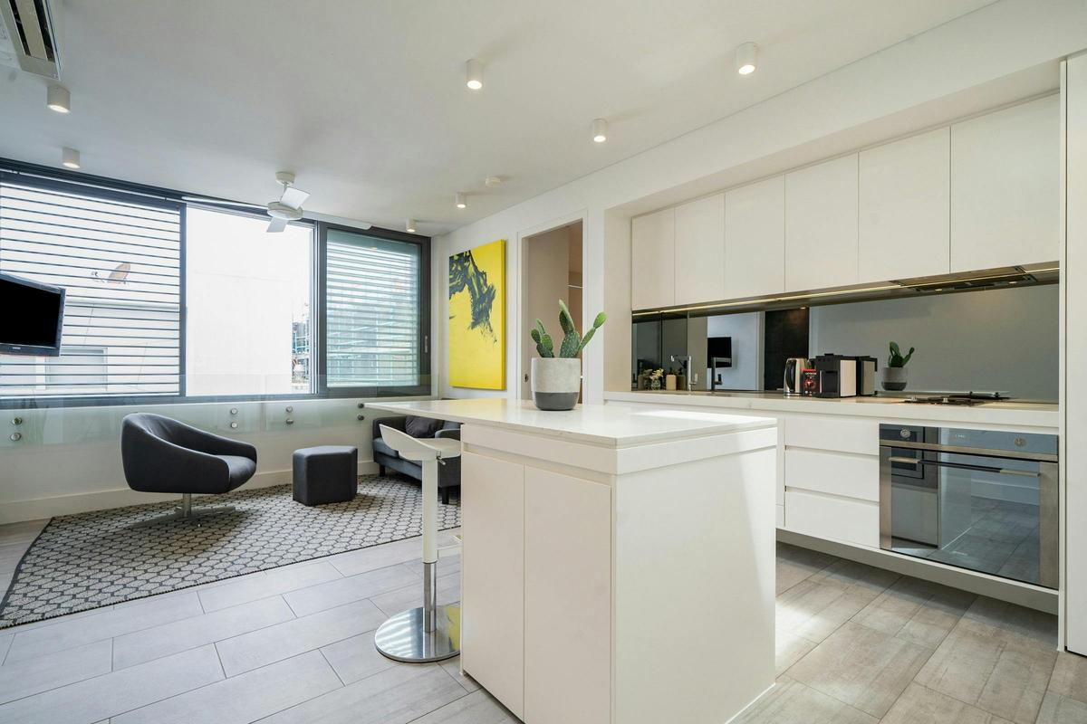 Contemporary living at Bondi Beach—modern kitchen and relaxed lounge area.