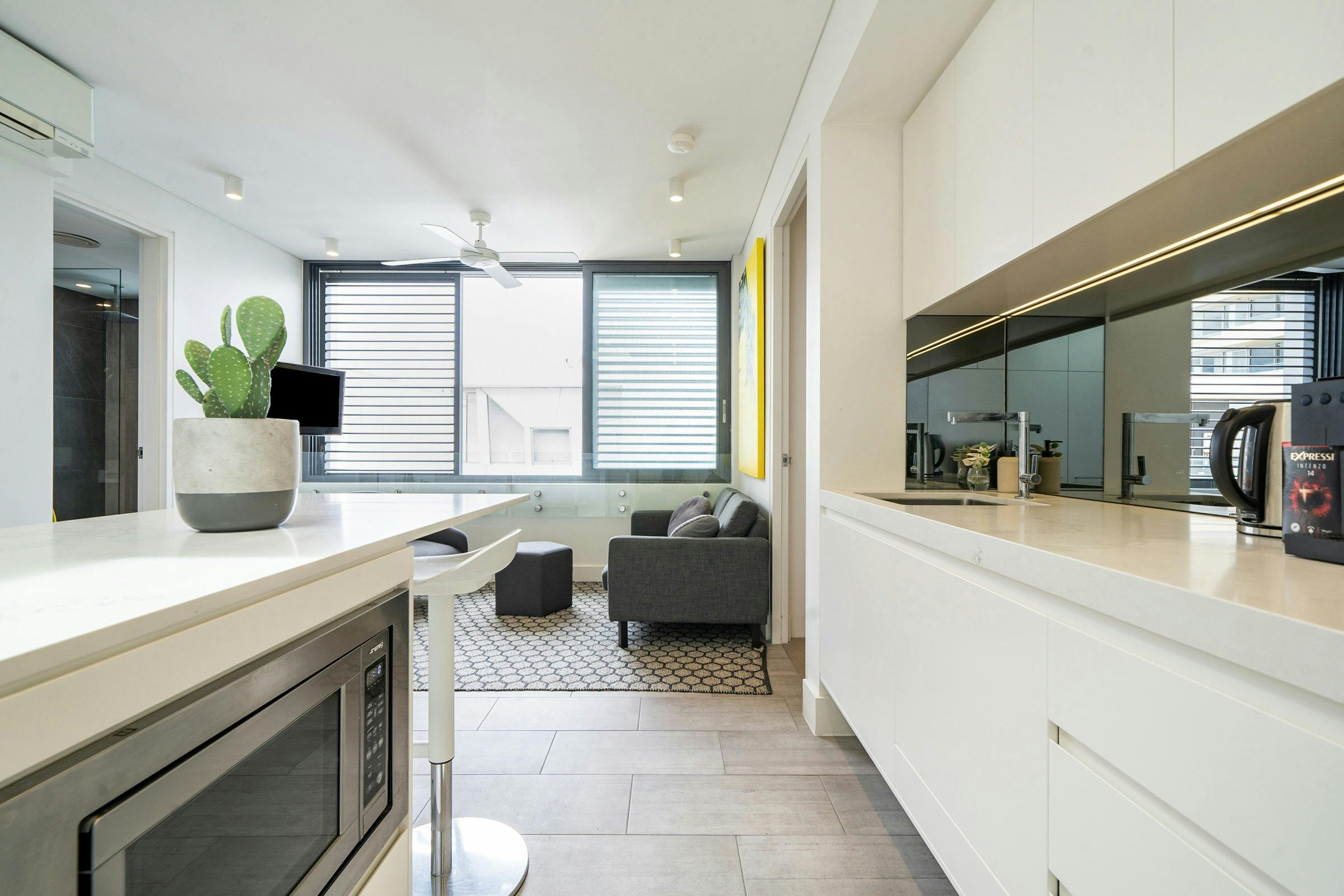 Contemporary living at Bondi Beach—modern kitchen and relaxed lounge area.