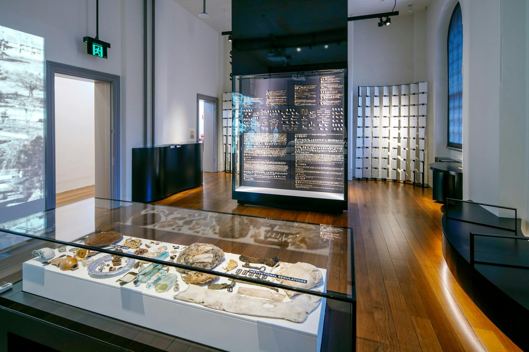 Room with museum objects on display