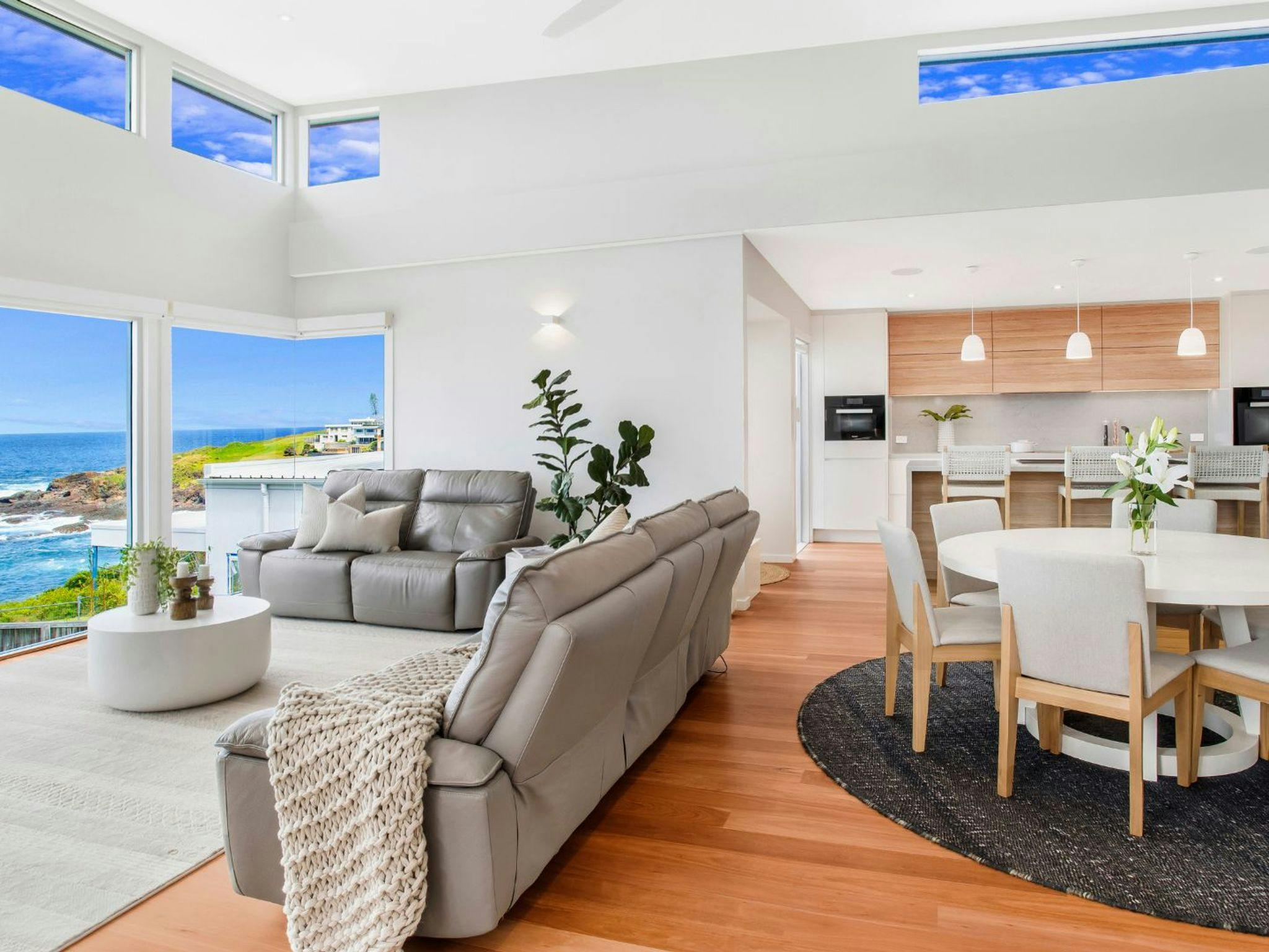 Salt n Sol | Upstairs open plan lounge, dining and butlers kitchen with breakfast bar | Ducted air c