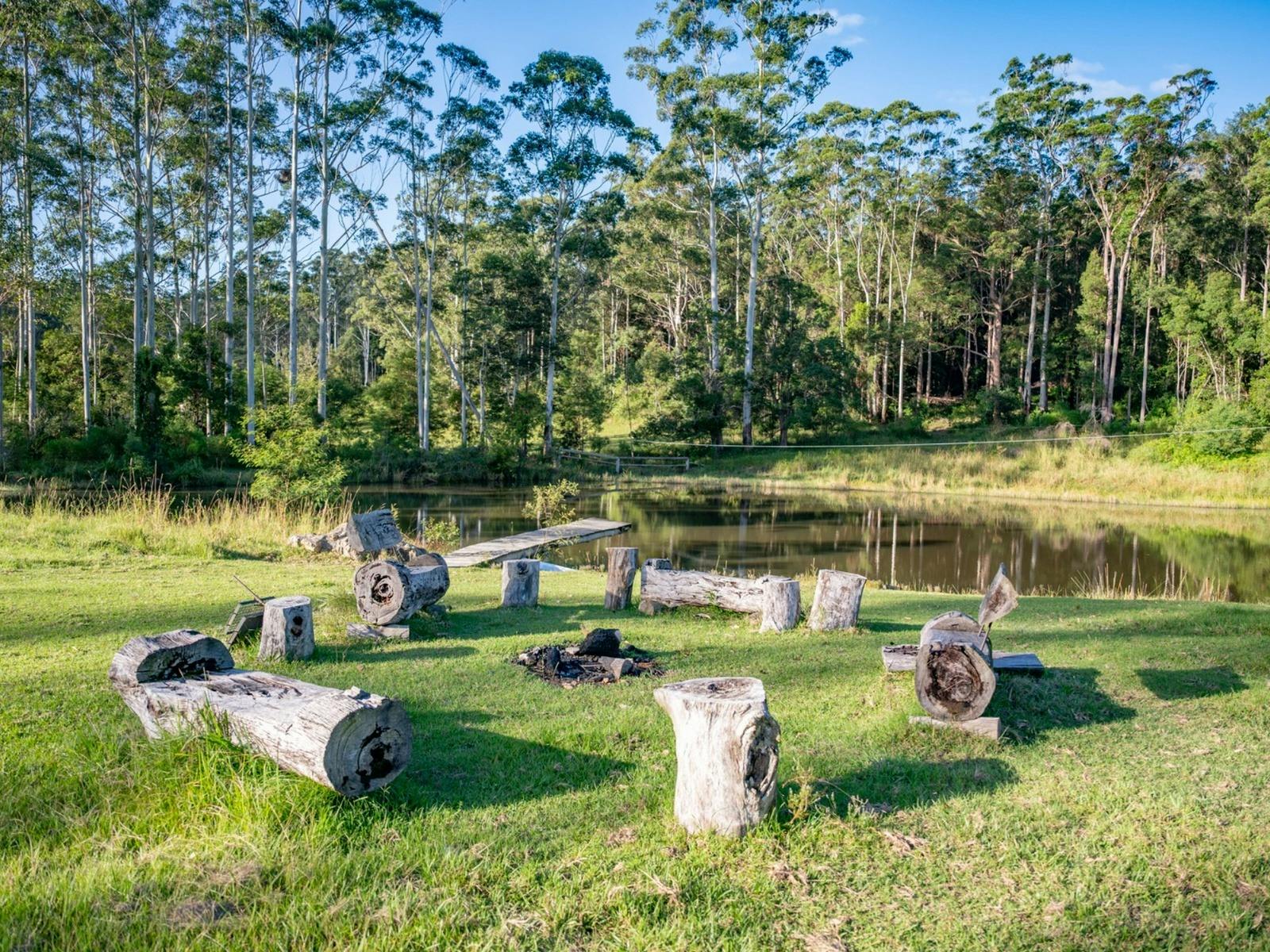 Firepit and dam setting at The Hitching Rail Hut near Coramba NSW, Coffs Harbour hinterland