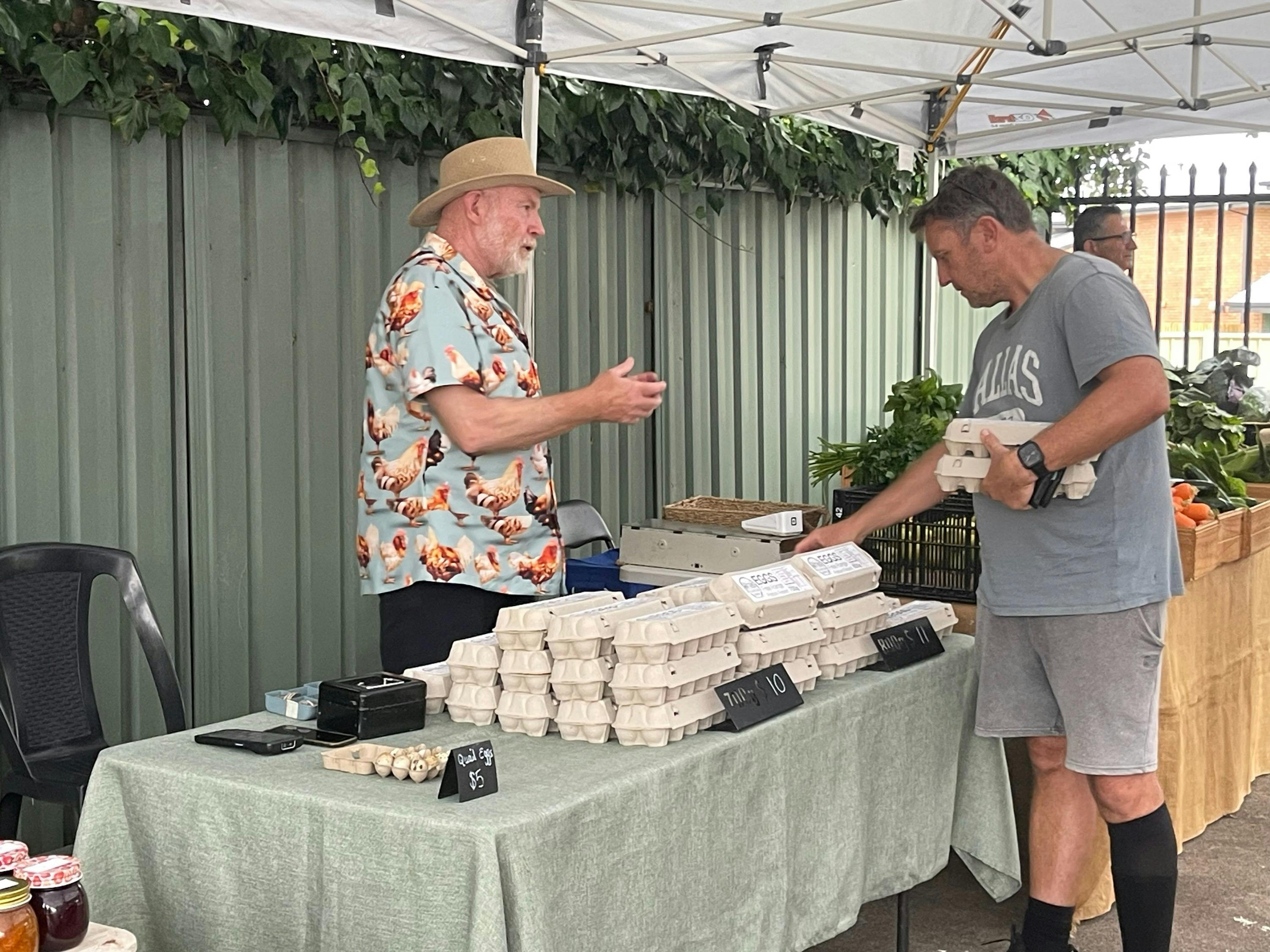 Marty from Mullion Creek Farm selling his eggs from free range, pasture raised, happy chickens.