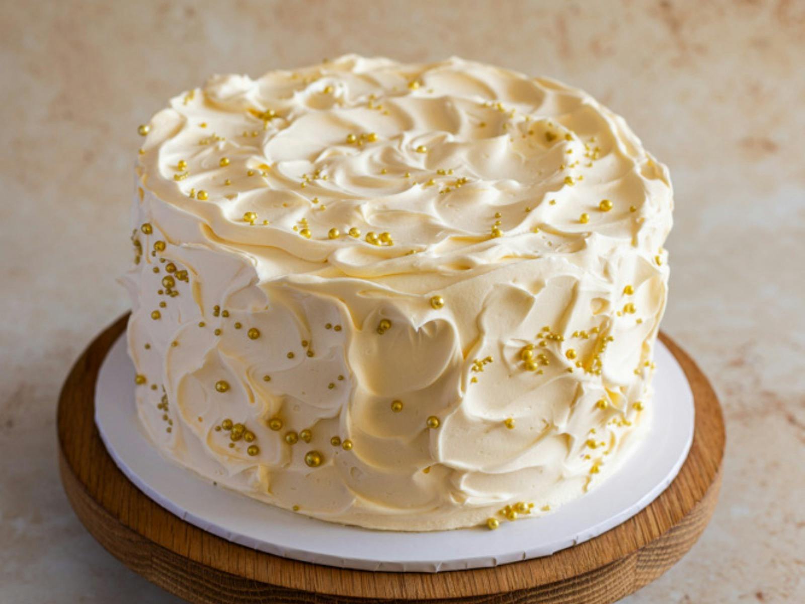 buttercream cake with golden sprinkles on a wooden cake stand