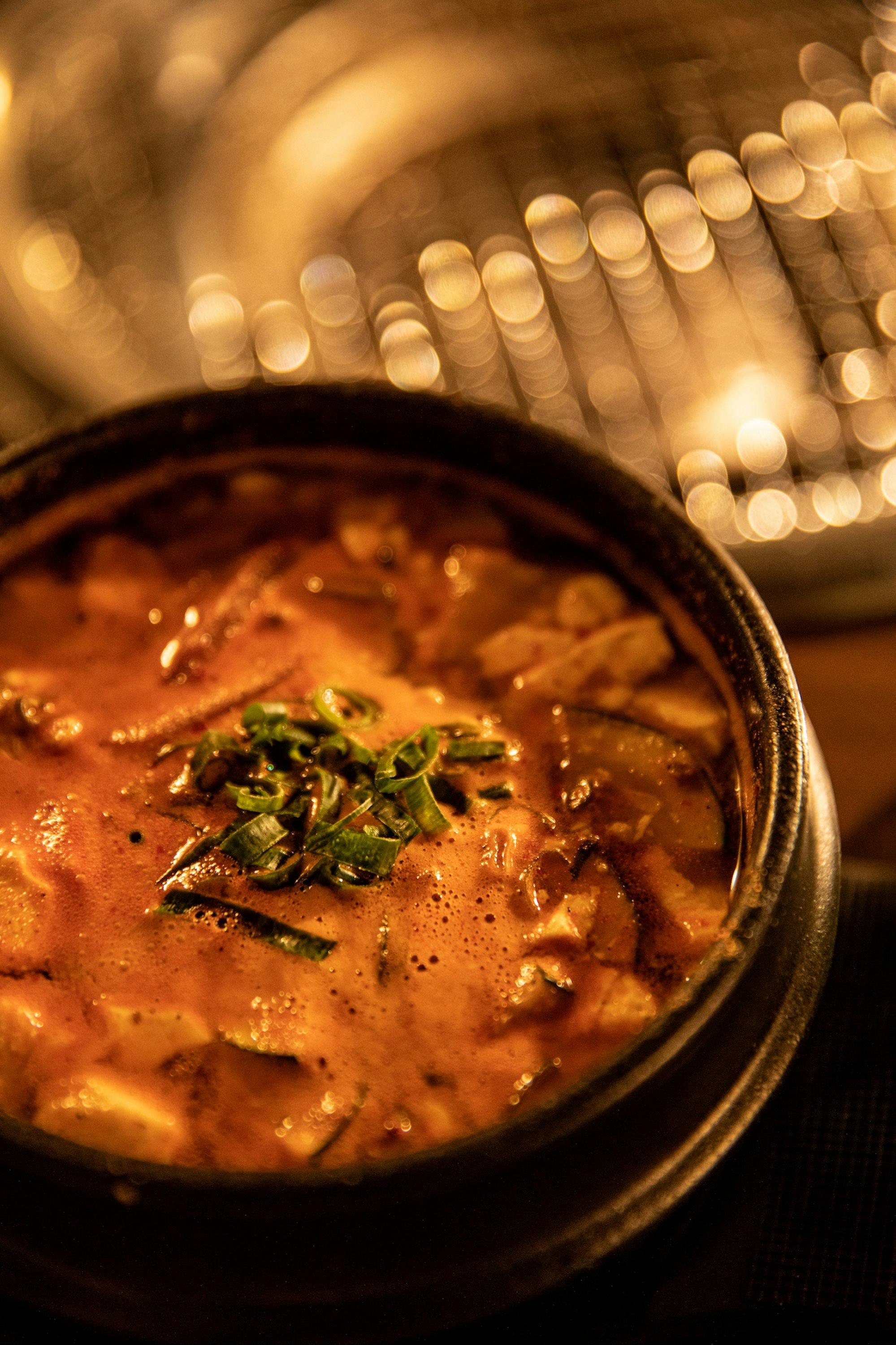 Soft Tofu Stew in traditional Korean stone pot.