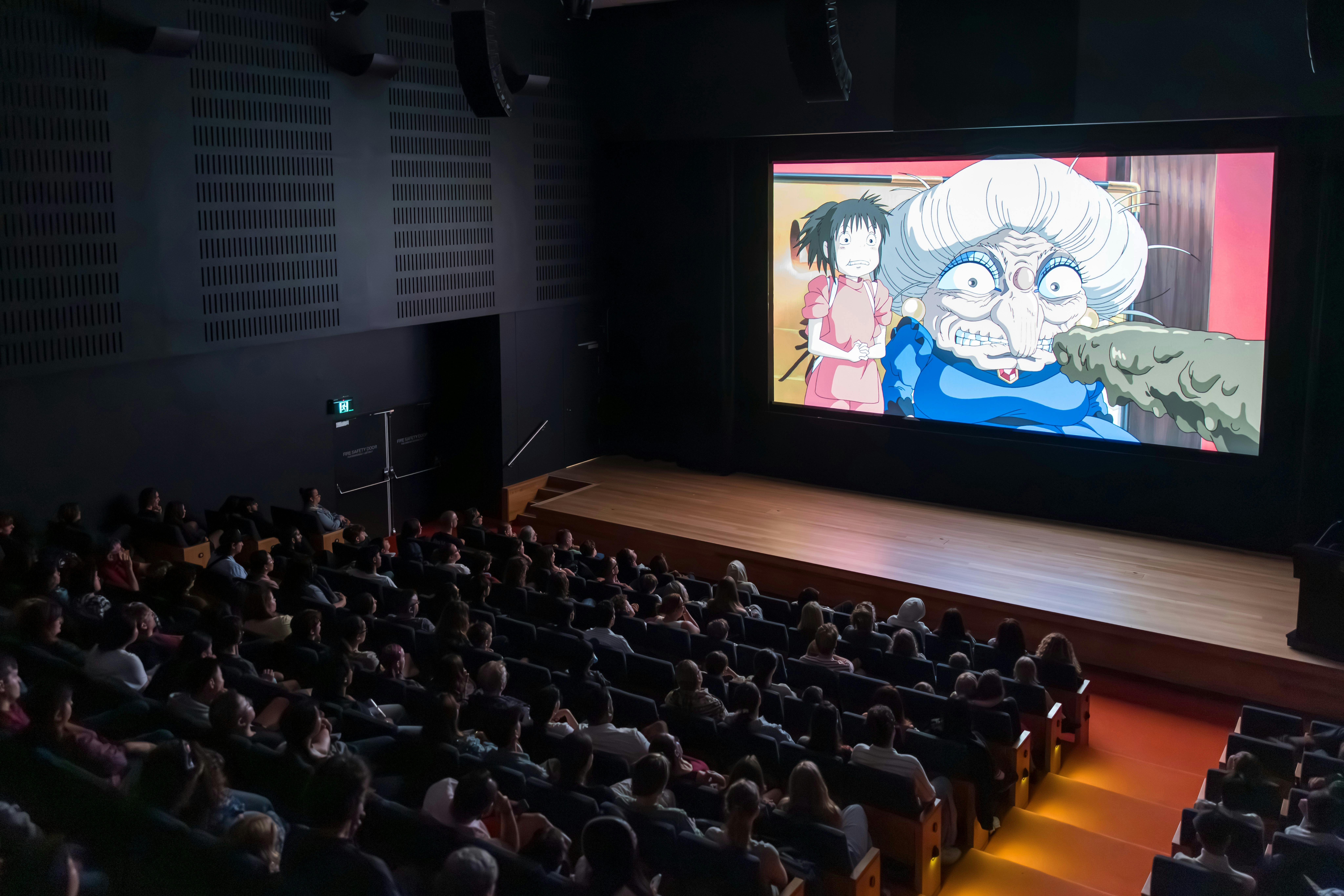 crowd of people sitting in a darkened cinema watching a movie