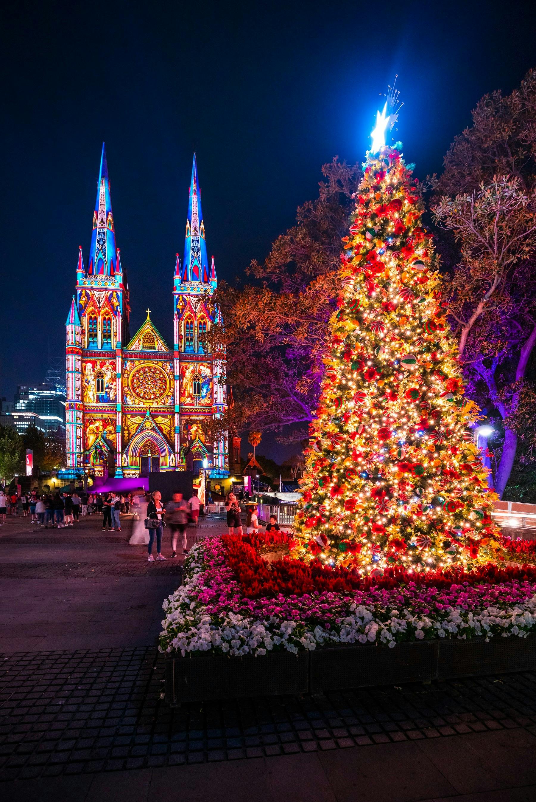 St. Mary's Cathedral illuminated by the Lights of Christmas light projection in Sydney