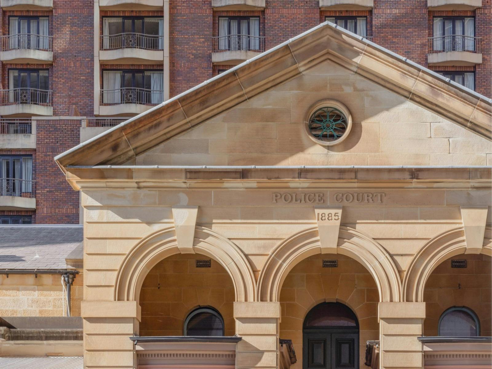 POLICE COURT 1885 outside above Police Court entrance, Justice & Police Museum