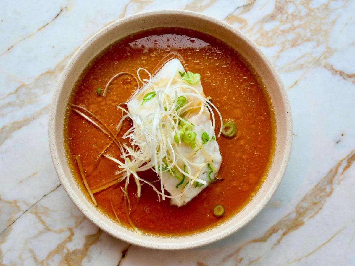 Steamed coral trout, ginger, spring onion, sesame soy