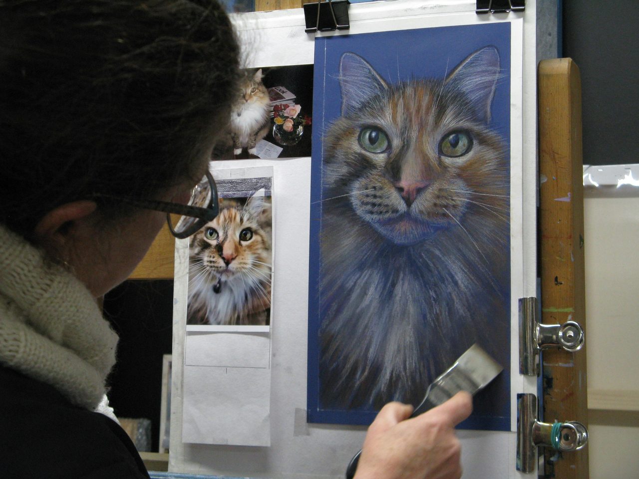 Karen James working on pet pastel portrait