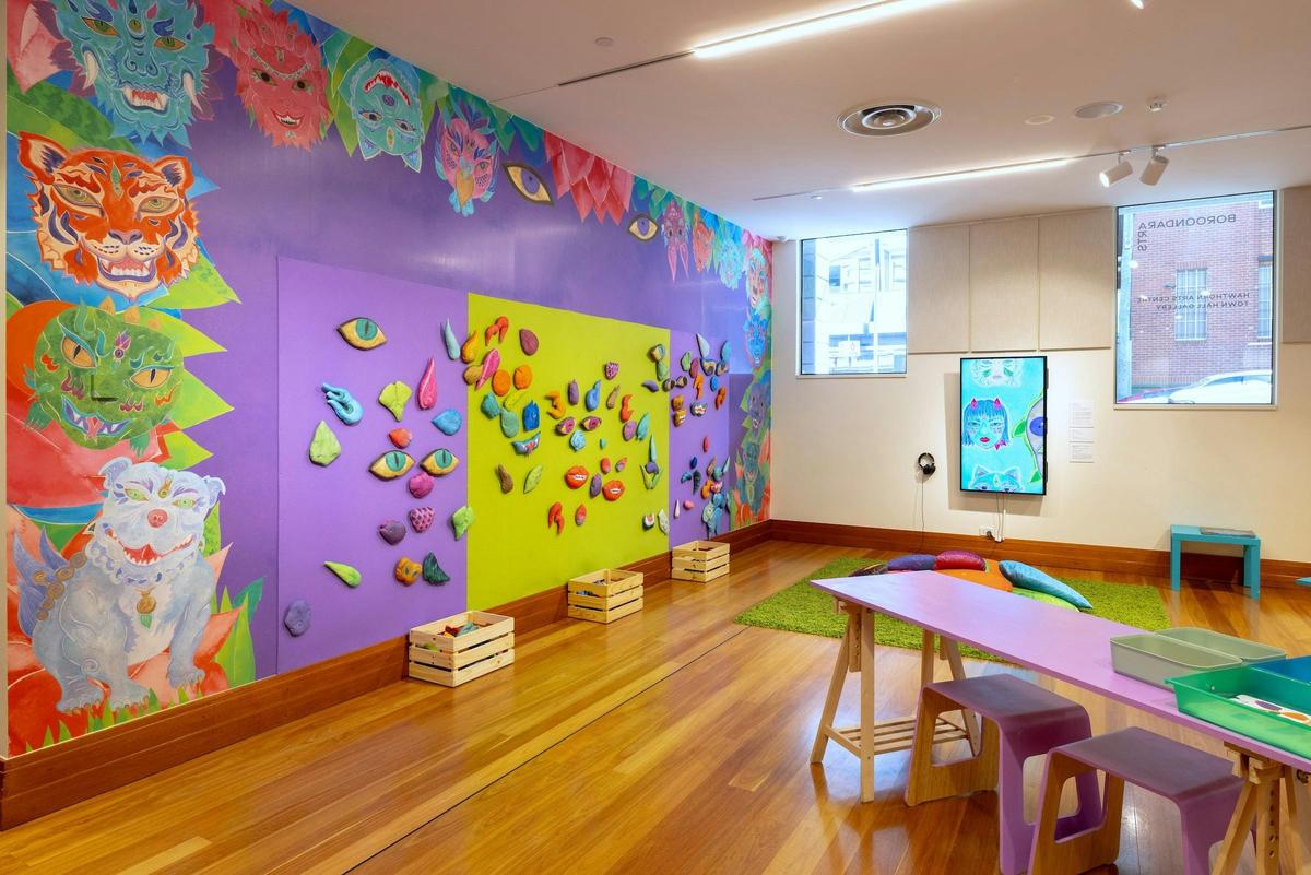 Installation view, 'Wall of Magic Creatures' by Kate Beynon, Town Hall Gallery, 2026.