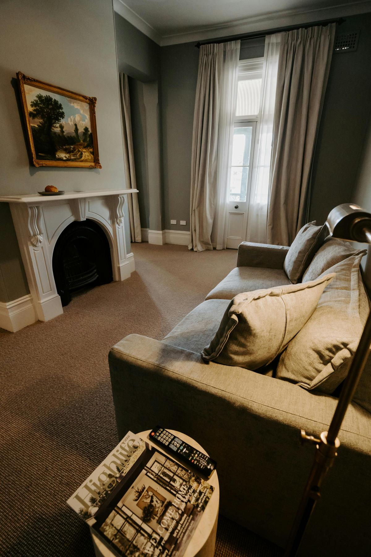 Lounge area by fireplace