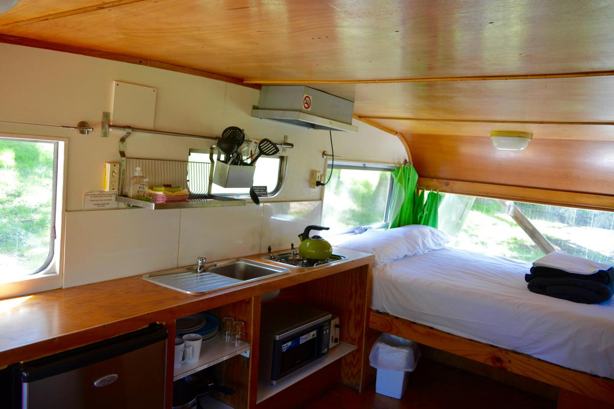 Onsite Vans, double bed and a kitchenette.