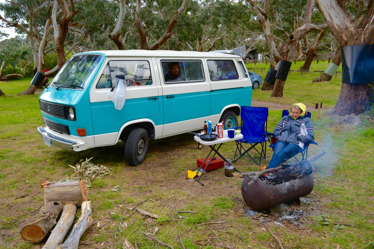 Camp sites are set amongst a coastal manna gum forest.
