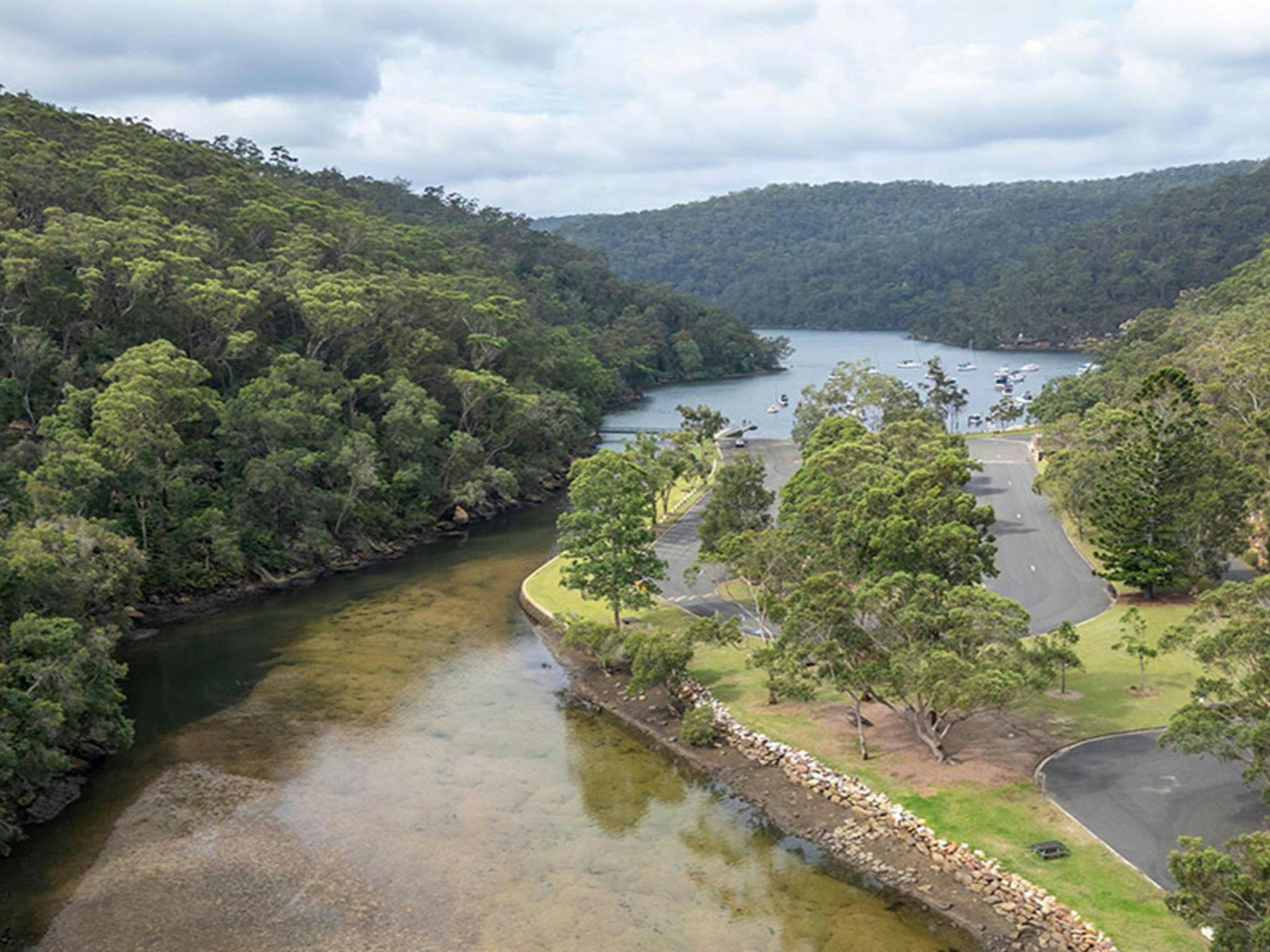 An aerial photo of Apple Tree picnic area surrounded by Apple Tree Creek, Cowan Creek and