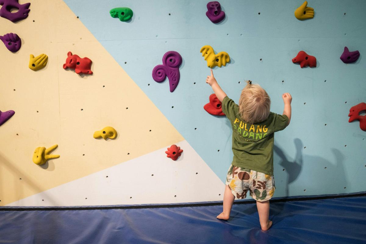 Toddler on the kids climbing wall