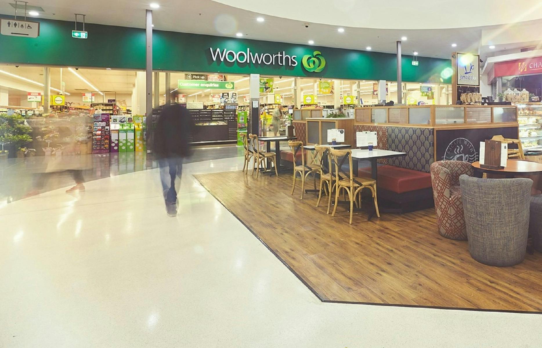 inside of Marketfair Campbelltown showing Woolworths supermarket and Jamaica blue cafe