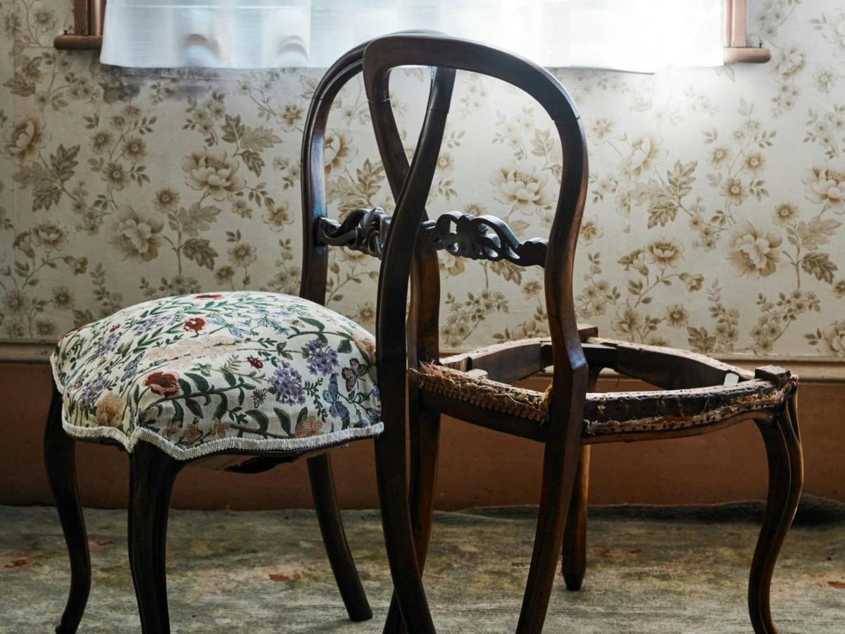 If only chairs could talk, Leonie Evans, 2026, timber, tapestry, coconut fibre, metal