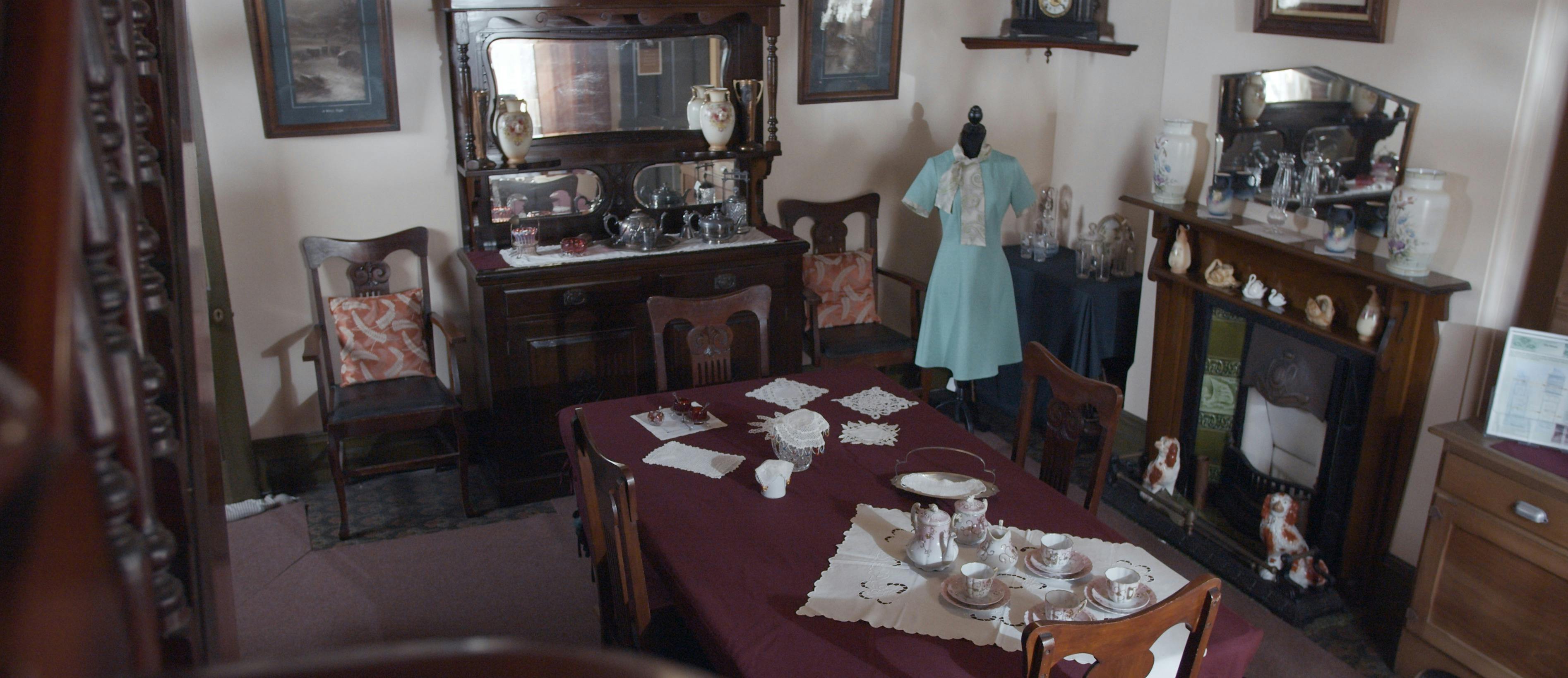Dining Room with Edwardian and Victorian furniture and homemade textiles and clothing