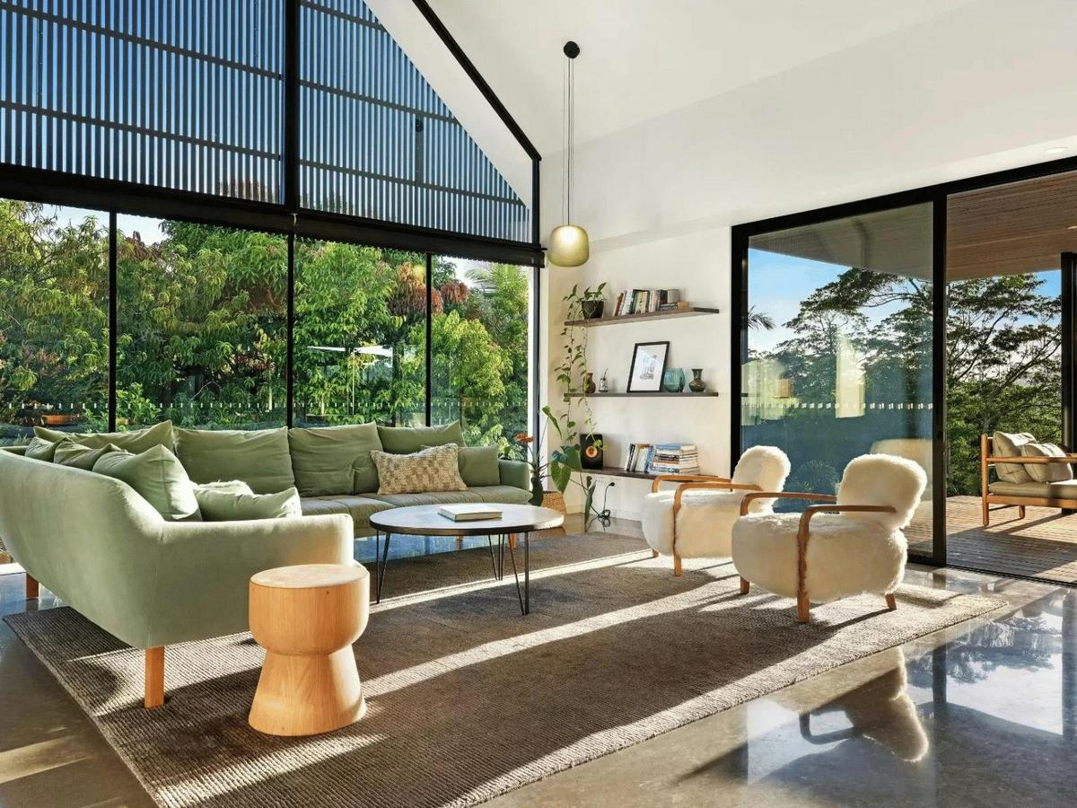 Light filled living room with seamless indoor outdoor living.