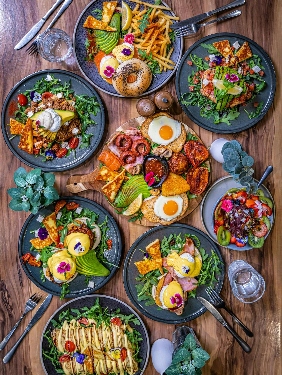 Assortment of breakfast dishes on a table