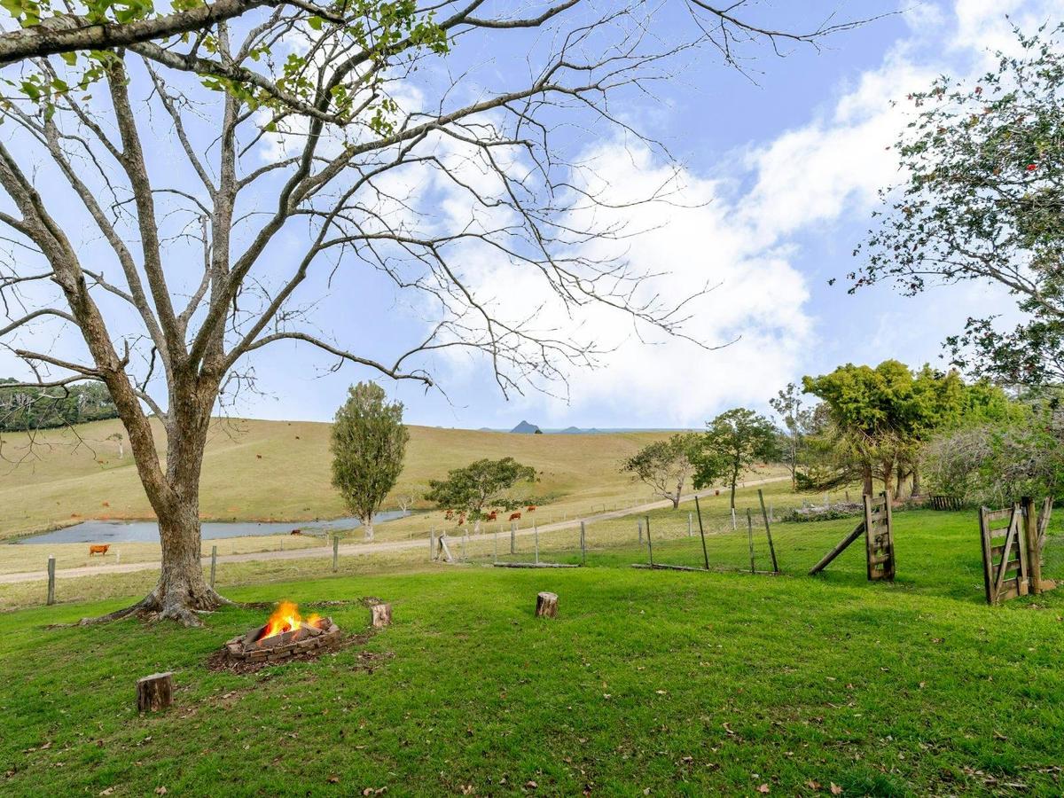 Gardens with firepit and views of the Glass House Mountains