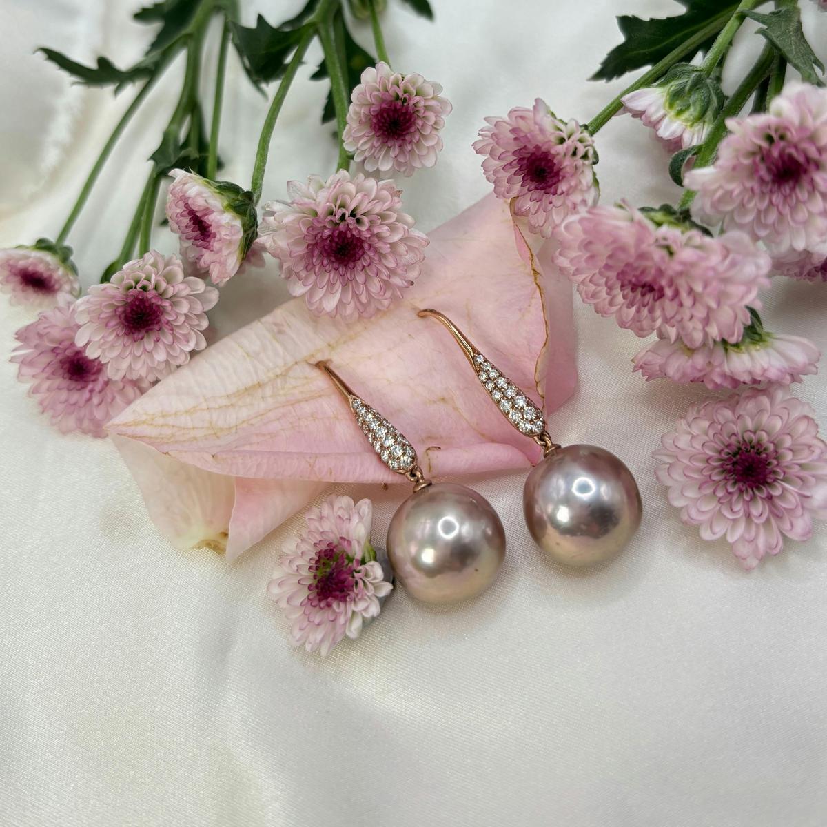 Pink Pearl and diamond earrings