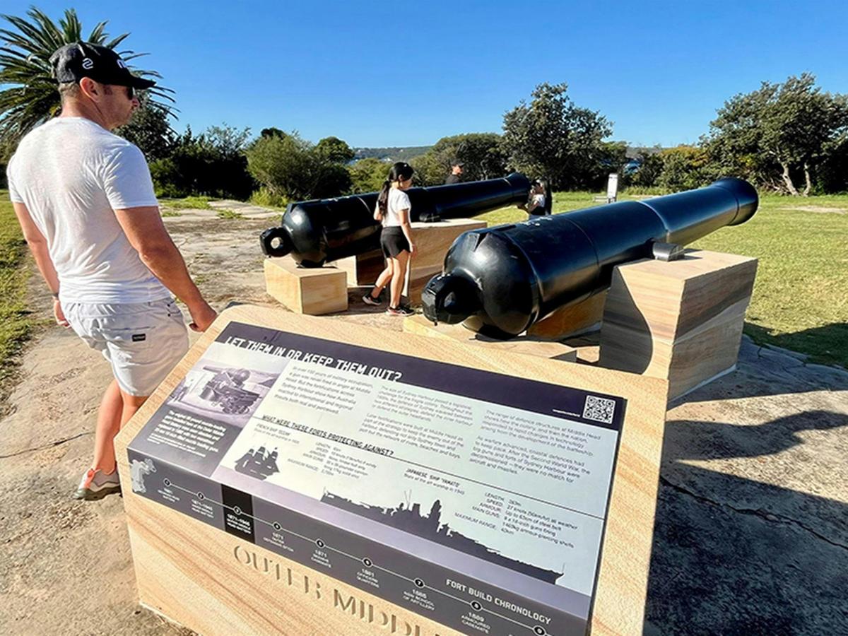 People looking at the Outer Fort cannons in Middle Head, Sydney Harbour National Park. Photo: