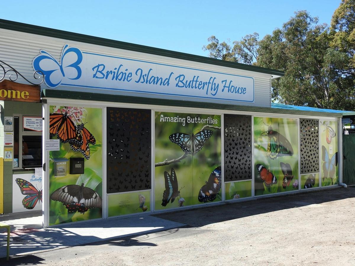 The main entrance to the Bribie Island Butterfly House situated behind the Bribie Orchard Society.
