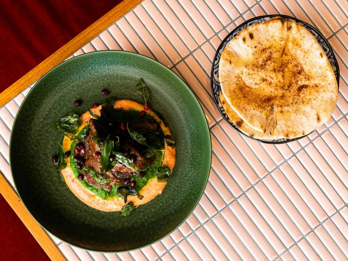 8 hour lamb shawarma, taramasalata, green zhoug
