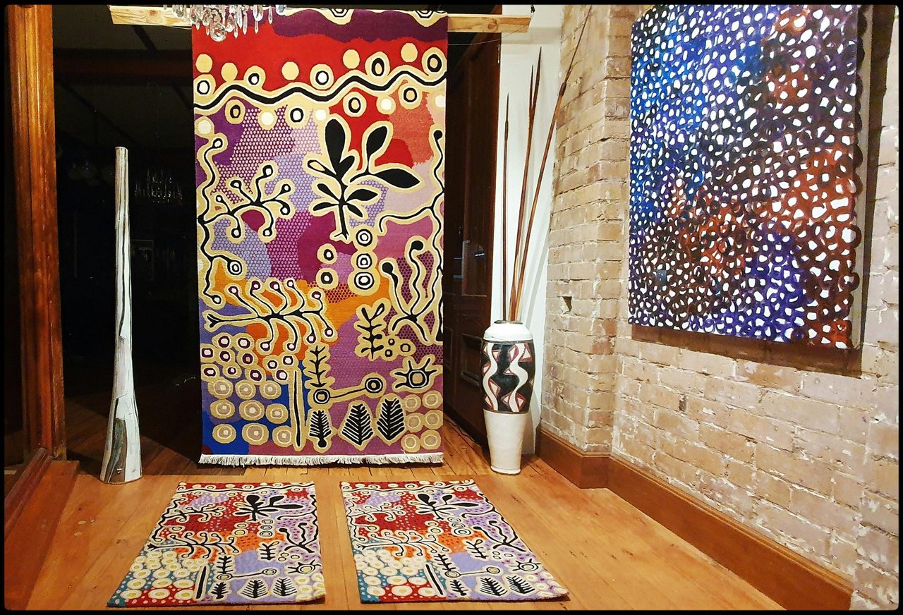 Hand Knotted Tibetan wool rug design Paddy Tjapaltjarri Stewart