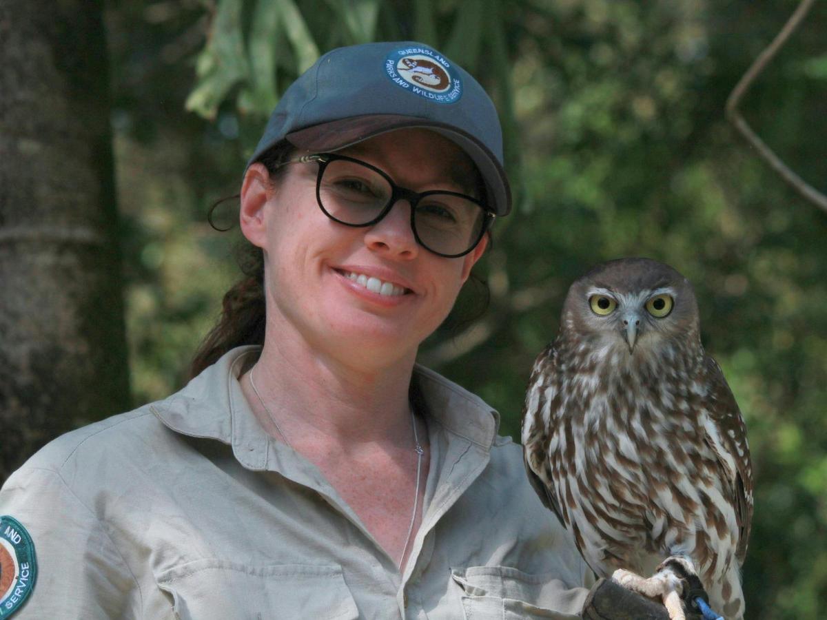 QPWS Ranger with a barking owl on the glove, ready for the Fleay's In-flight Show.