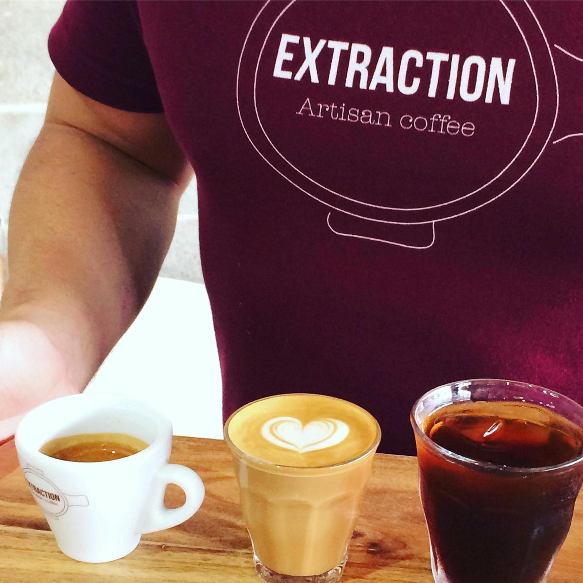 Barista tasting plate consisting of espresso, piccolo and cold drip
