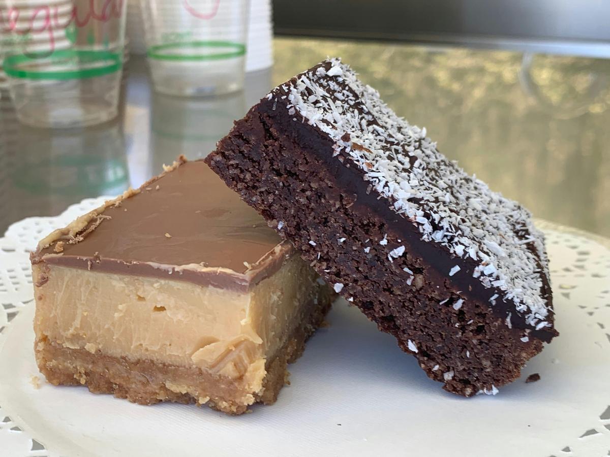 Home-baked caramel and chocolate slices