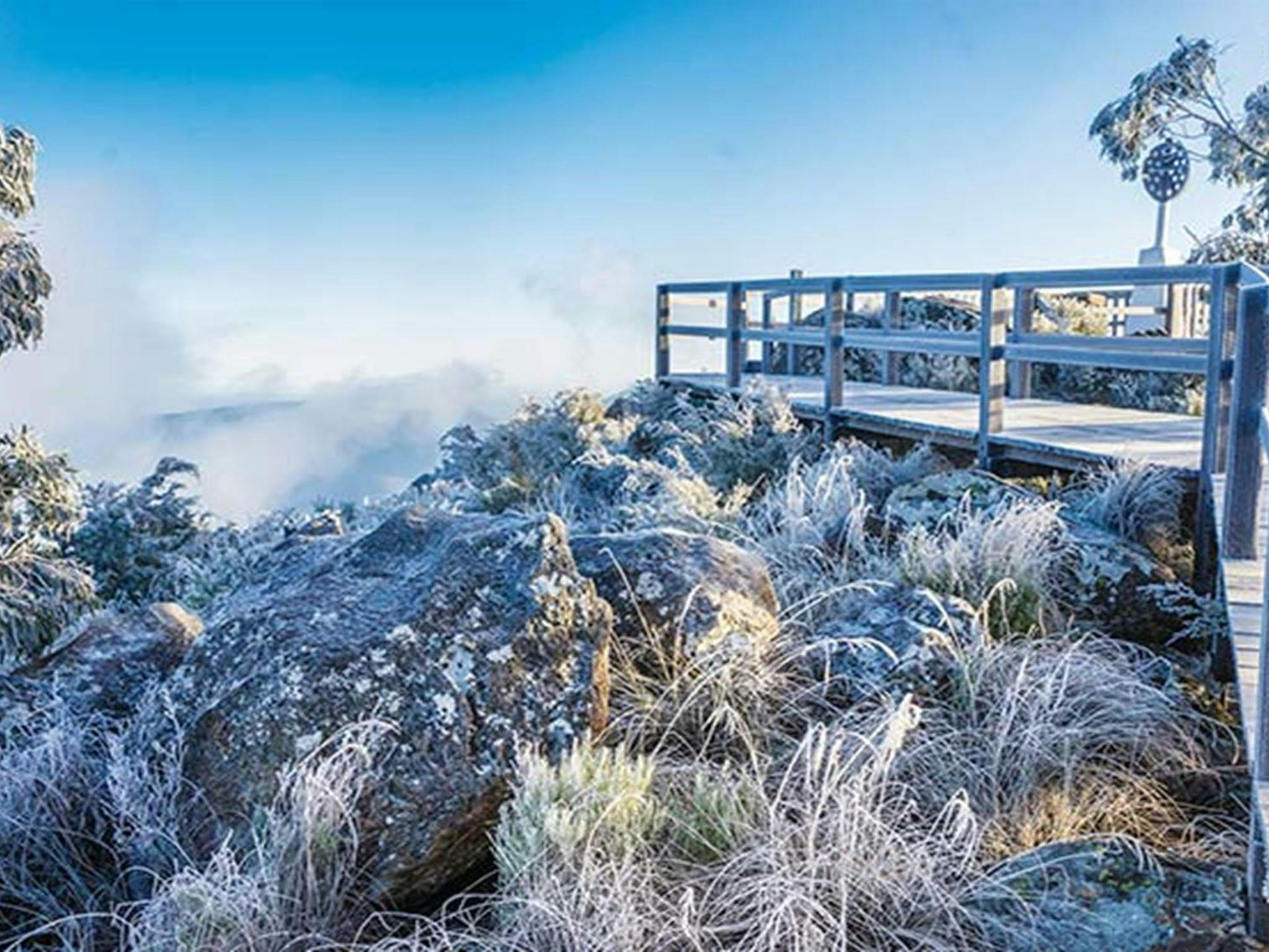 Dusting of light snow around Mount Kaputar Summit lookout. Photo: Simone Cottrell/OEH